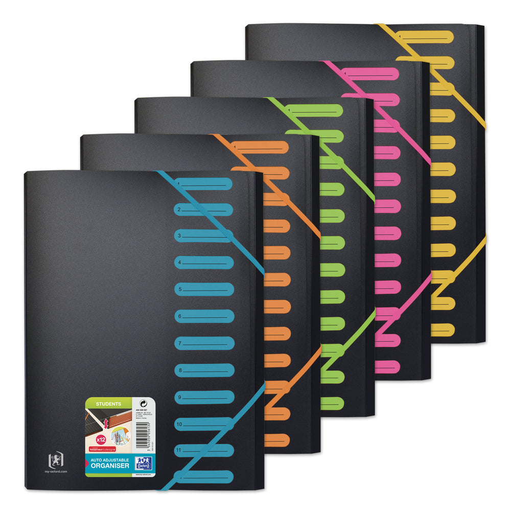 Oxford Fächermappe A4 – 12 Fächer, Polypropylen (PP), mehrfarbig, 5 Stk.