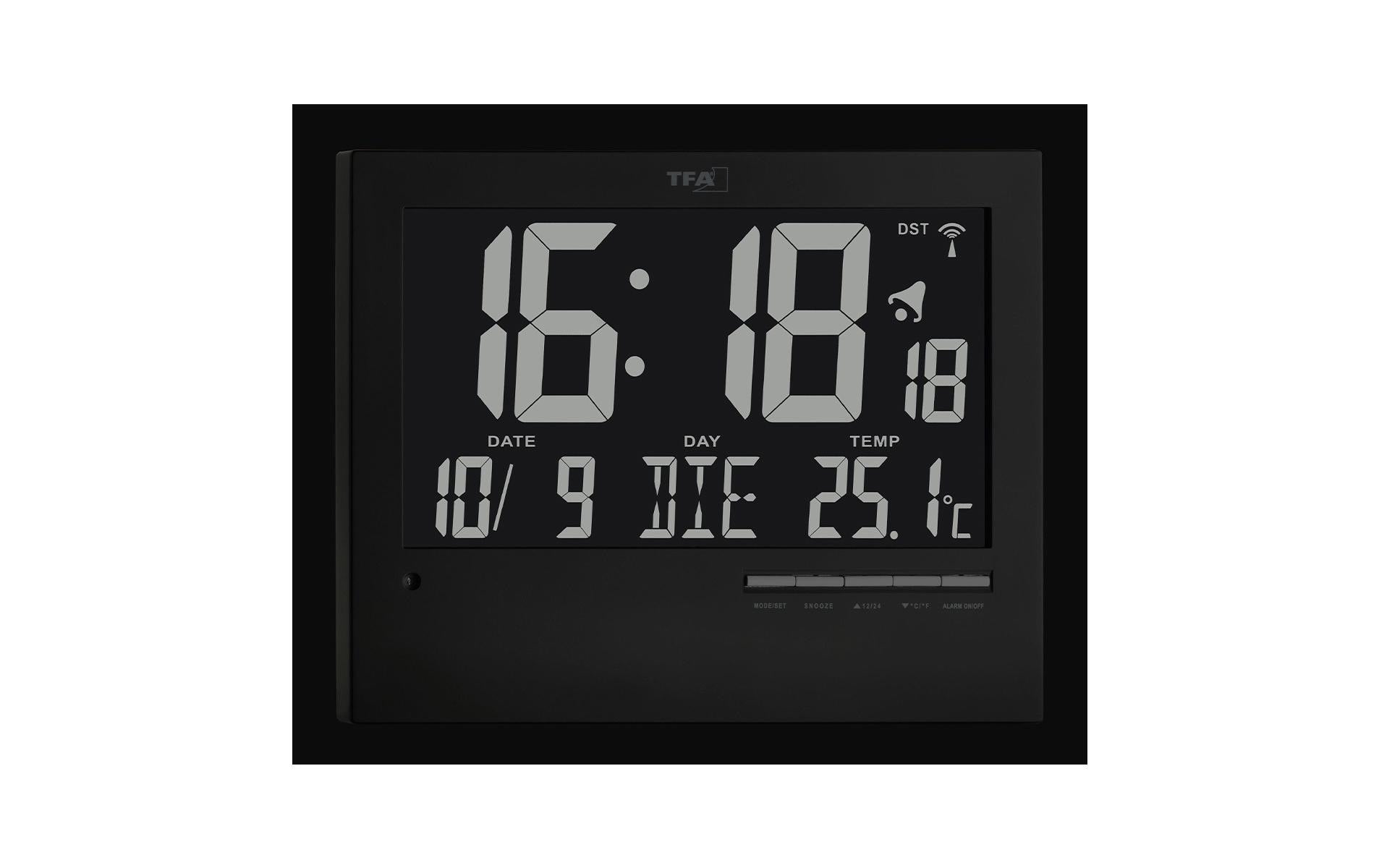 TFA-Dostmann TFA Dostmann Wanduhr – Digital, Funk, Thermometer, 23 × 18,5 × 3,1 cm, Schwarz, Kunststoff
