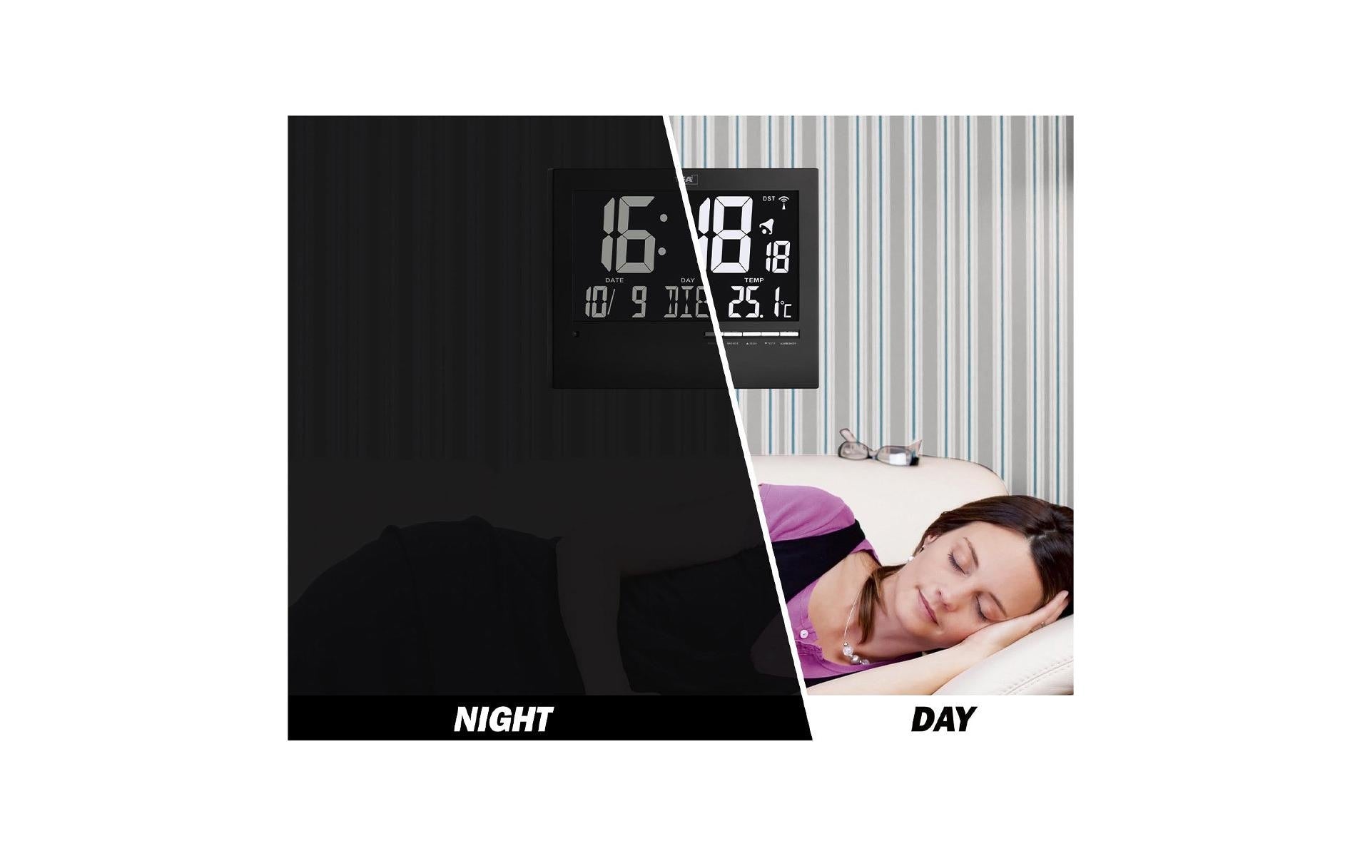 TFA-Dostmann TFA Dostmann Wanduhr – Digital, Funk, Thermometer, 23 × 18,5 × 3,1 cm, Schwarz, Kunststoff