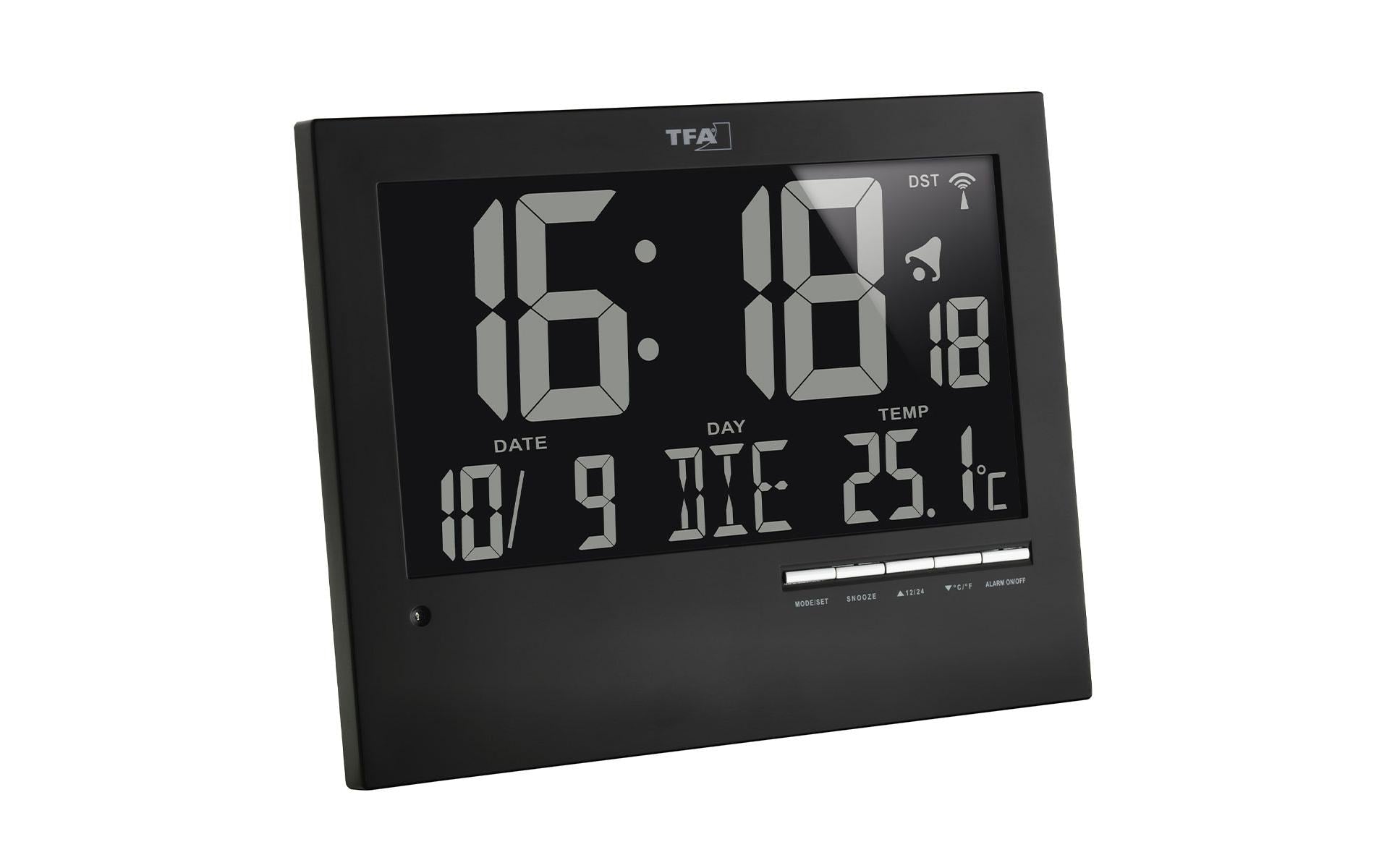 TFA-Dostmann TFA Dostmann Wanduhr – Digital, Funk, Thermometer, 23 × 18,5 × 3,1 cm, Schwarz, Kunststoff