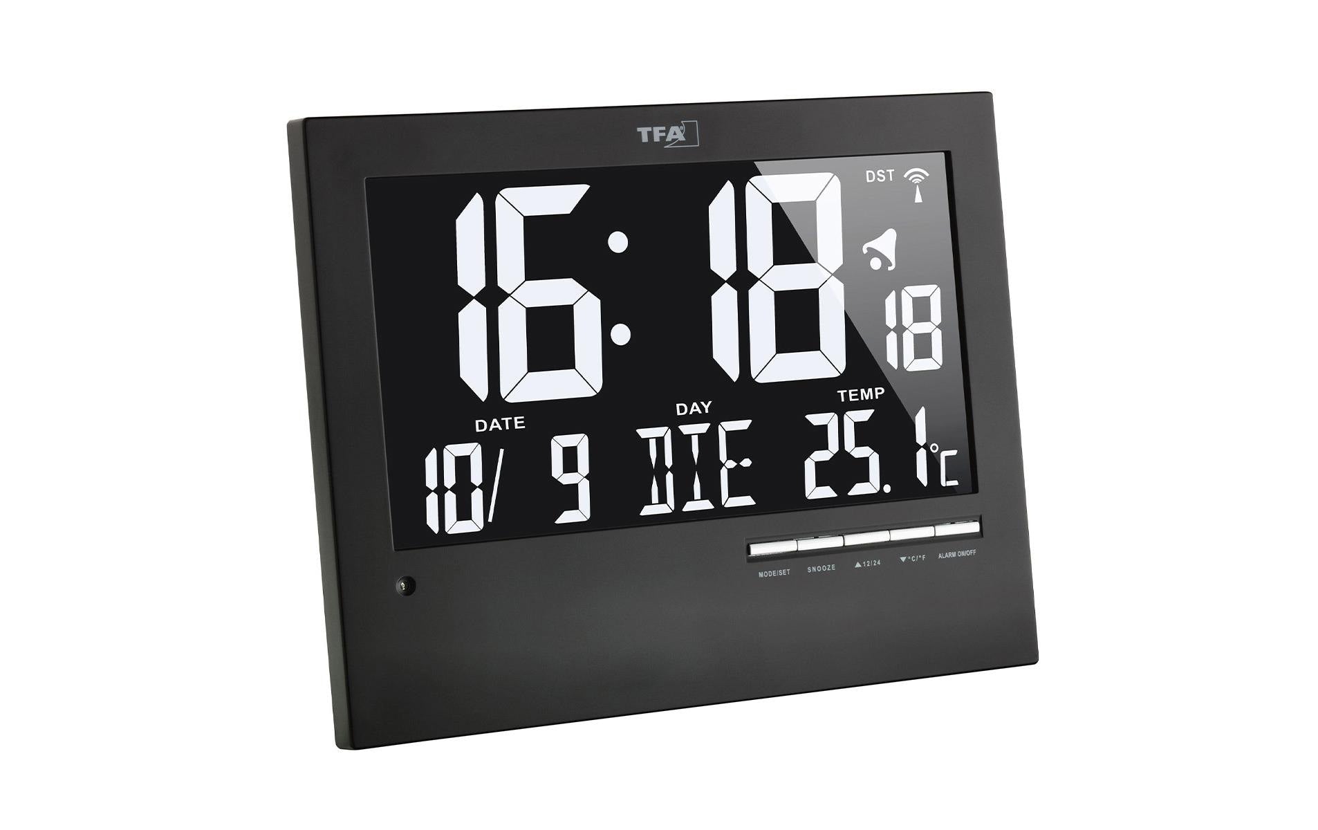 TFA-Dostmann TFA Dostmann Wanduhr – Digital, Funk, Thermometer, 23 × 18,5 × 3,1 cm, Schwarz, Kunststoff
