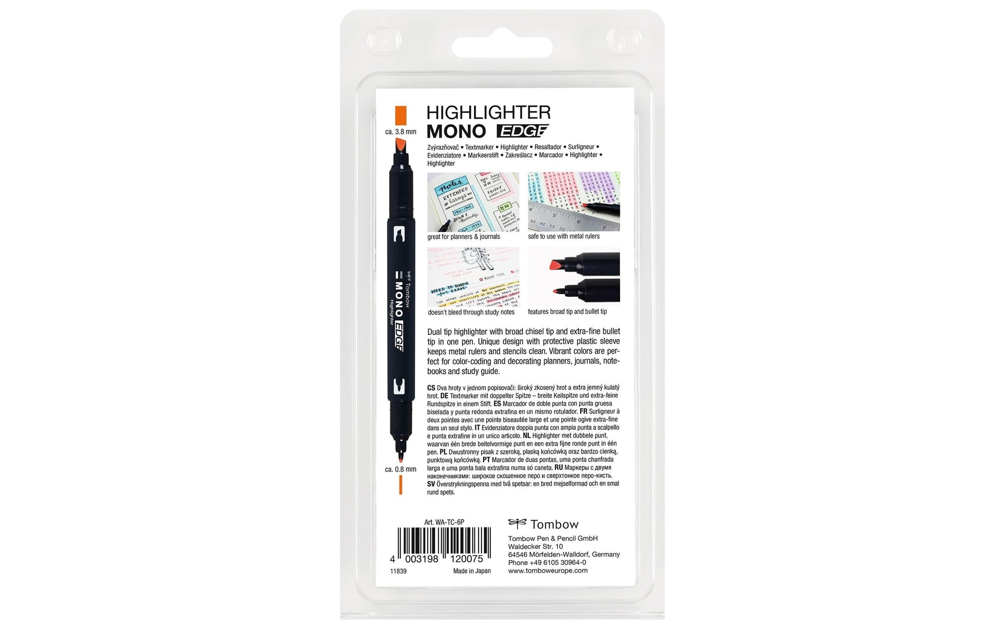 Tombow Non-Permanent-Marker MONO edge – feine Rundspitze – sortiert – 6er-Set
