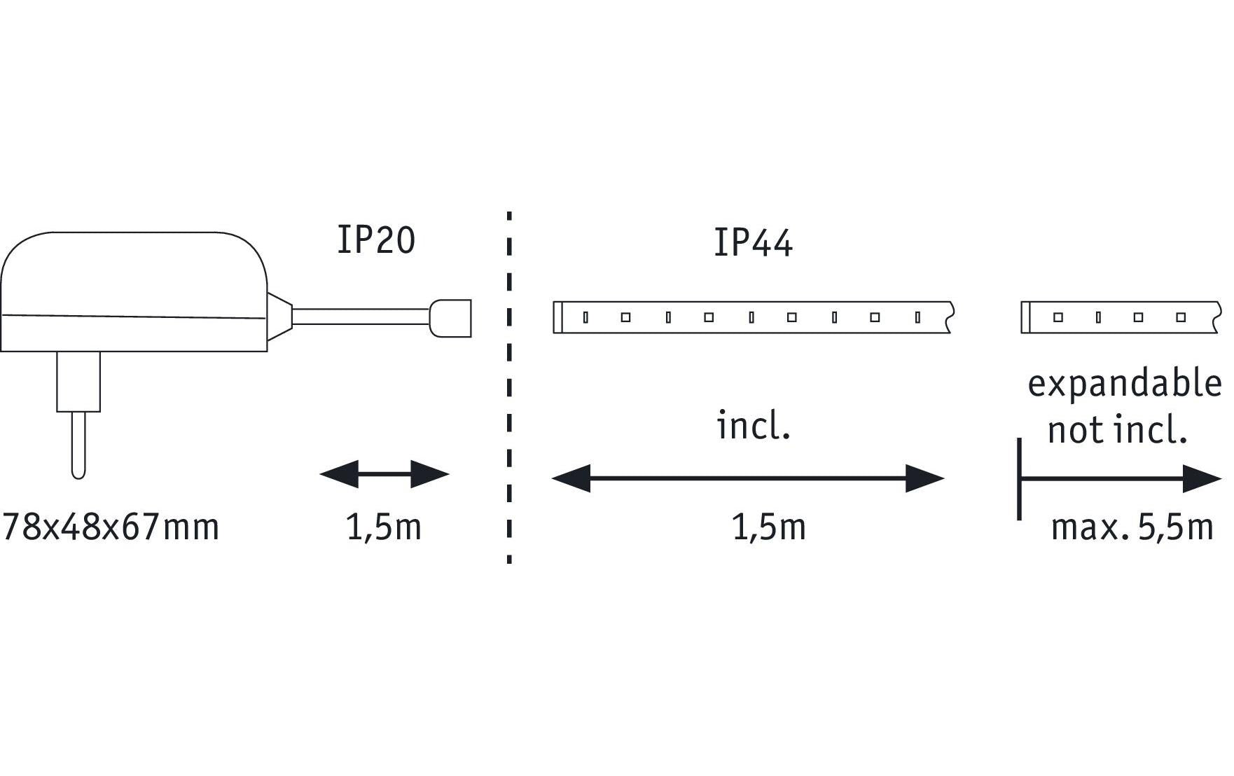 Paulmann LED-Strip MaxLED 250 – Basisset, 1,5 m, 450 lm, 6 W, 6500 K, dimmbar, IP44, weiss, inkl. Netzteil