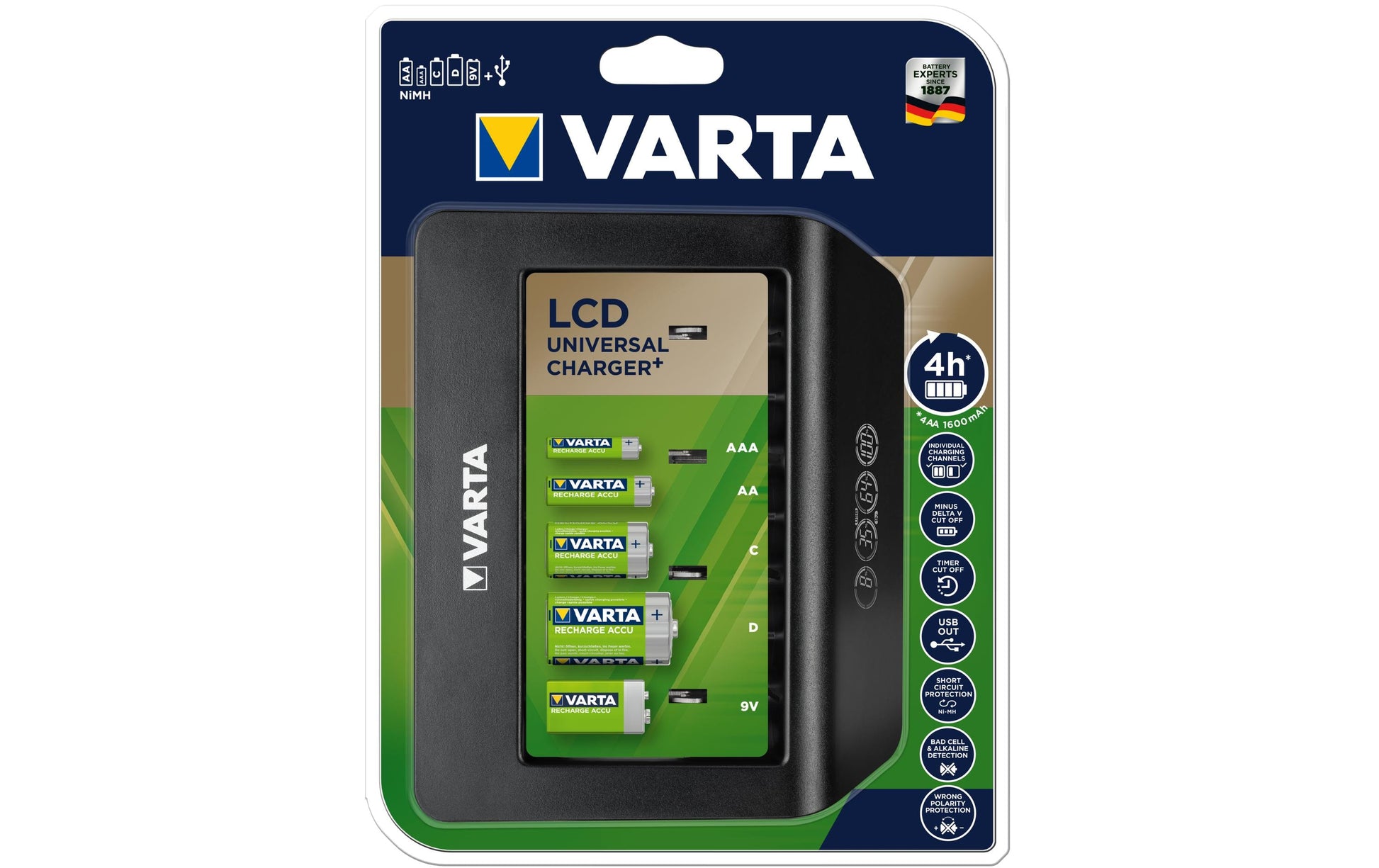 Varta Universal Charger+ Batterieladegerät 4× – für NiMH (9V, AA, AAA u. a.) – LCD – USB-A×1 (5 V/1 A)