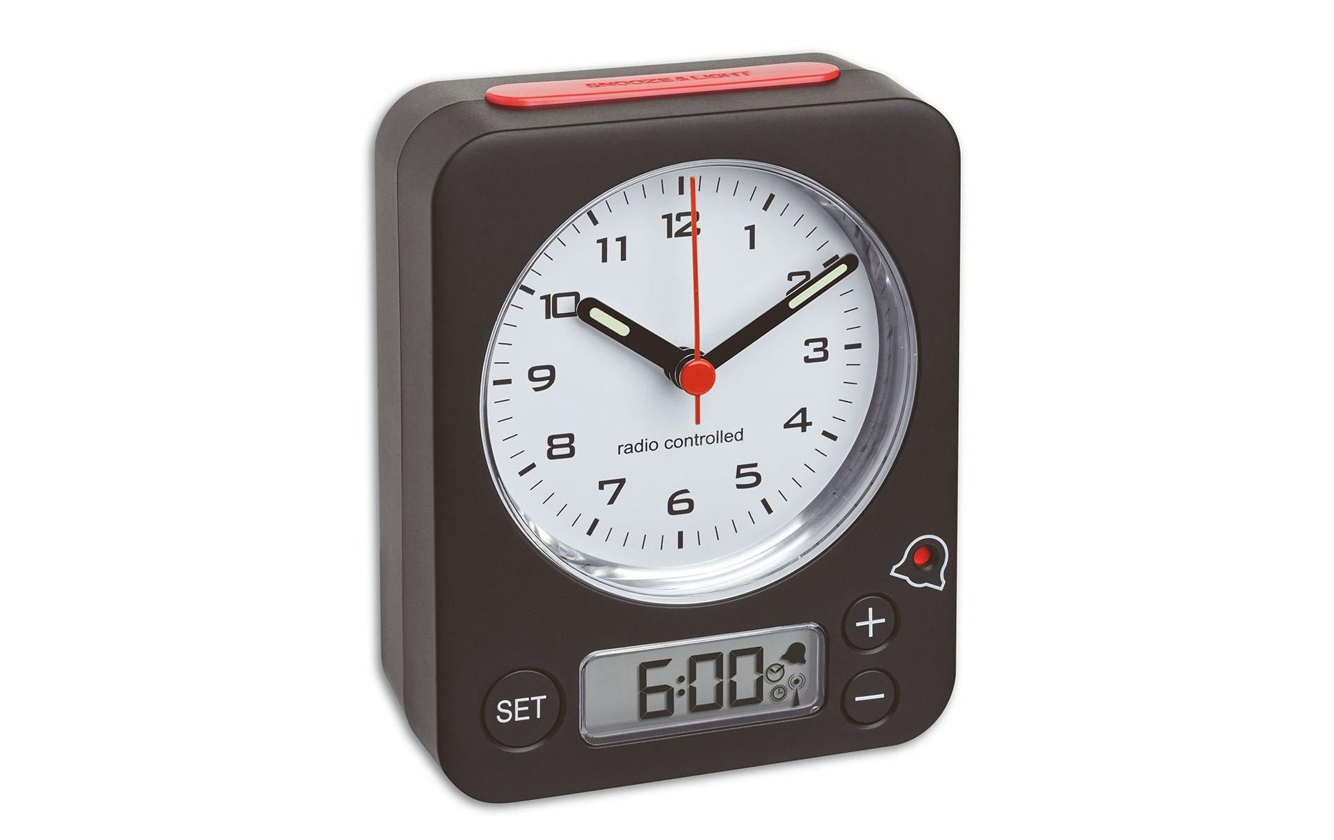 TFA-Dostmann Combo Funk-Wecker – digital – 9 × 11,5 × 4 cm, schwarz/rot, Kunststoff, Schlummerfunktion, Alarm