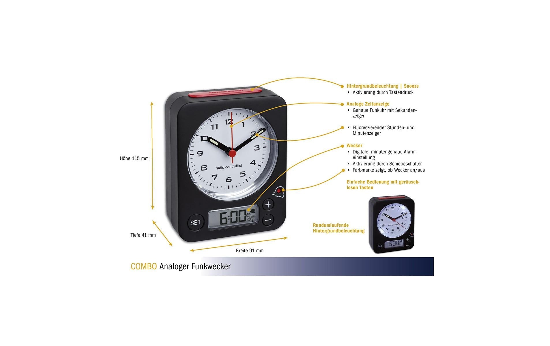 TFA-Dostmann TFA Dostmann COMBO Digitalwecker – Funk, Snooze, 9 × 11,5 × 4 cm, weiss/grün, Kunststoff