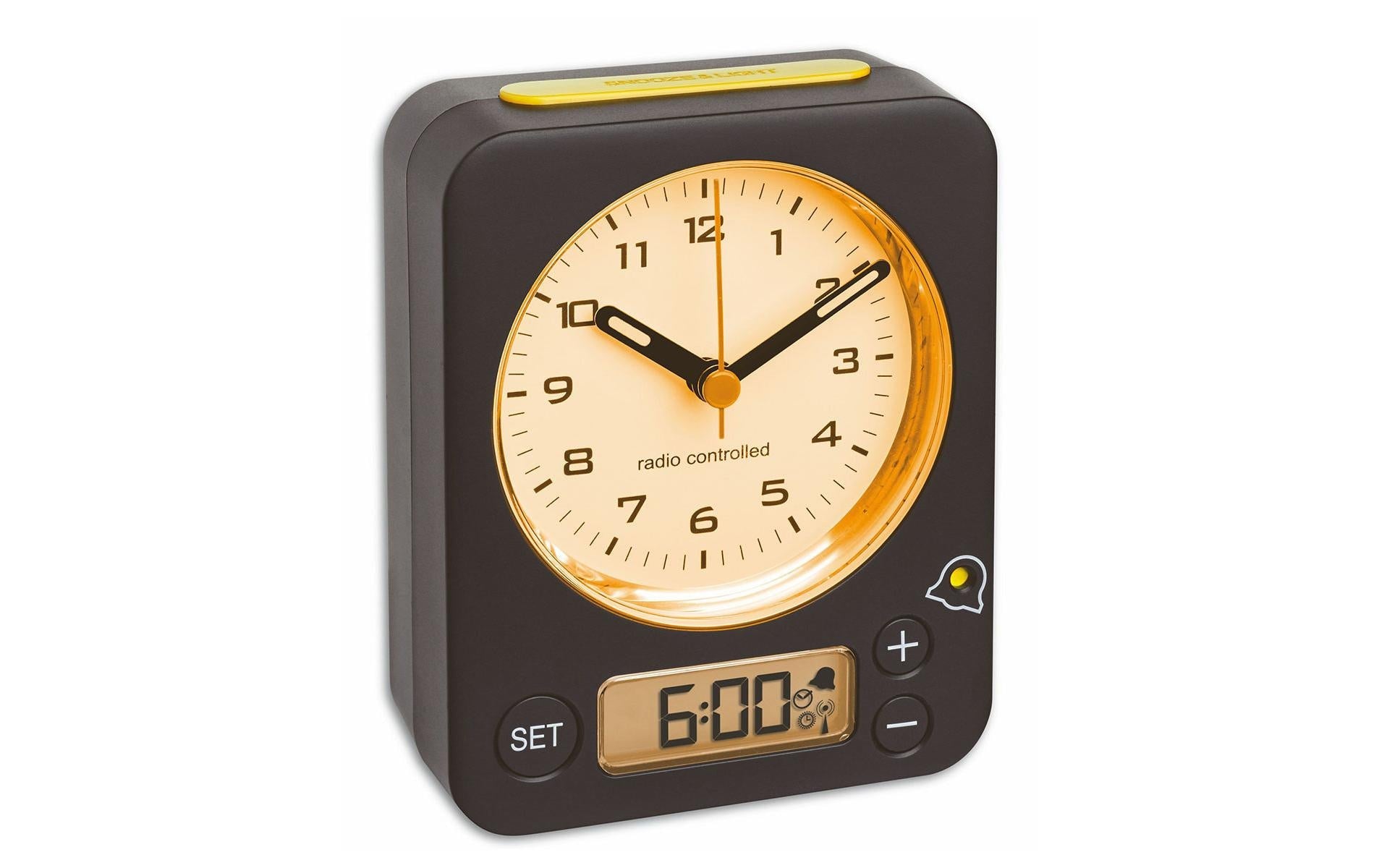 TFA-Dostmann TFA Dostmann Combo Wecker – Funk, analog, Schlummerfunktion, Nachtlicht, 9 × 11,5 × 4 cm, Schwarz/Gelb, Kunststoff