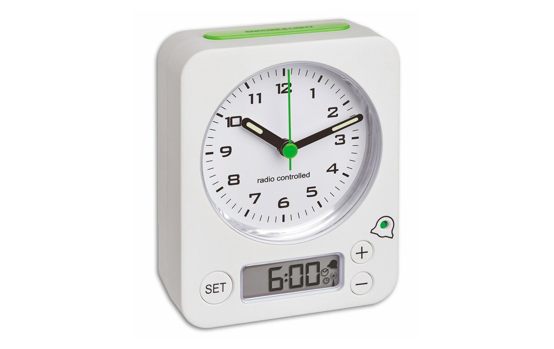 TFA-Dostmann TFA Dostmann COMBO Digitalwecker – Funk, Snooze, 9 × 11,5 × 4 cm, weiss/grün, Kunststoff