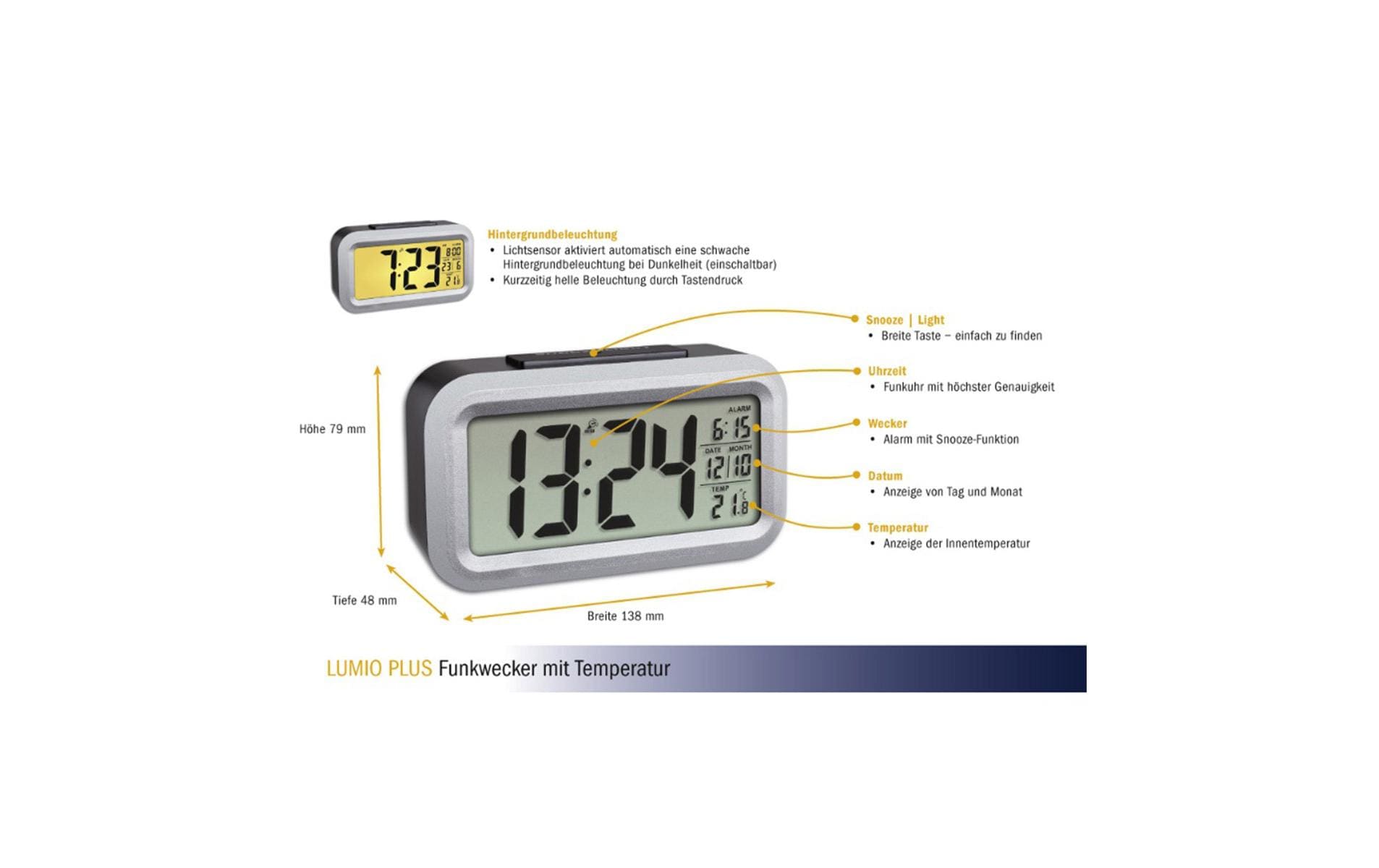TFA-Dostmann TFA Dostmann LUMIO PLUS – Digitalwecker, Funk, Thermometer, 13,8 × 7,9 × 4,8 cm, Silber, Kunststoff