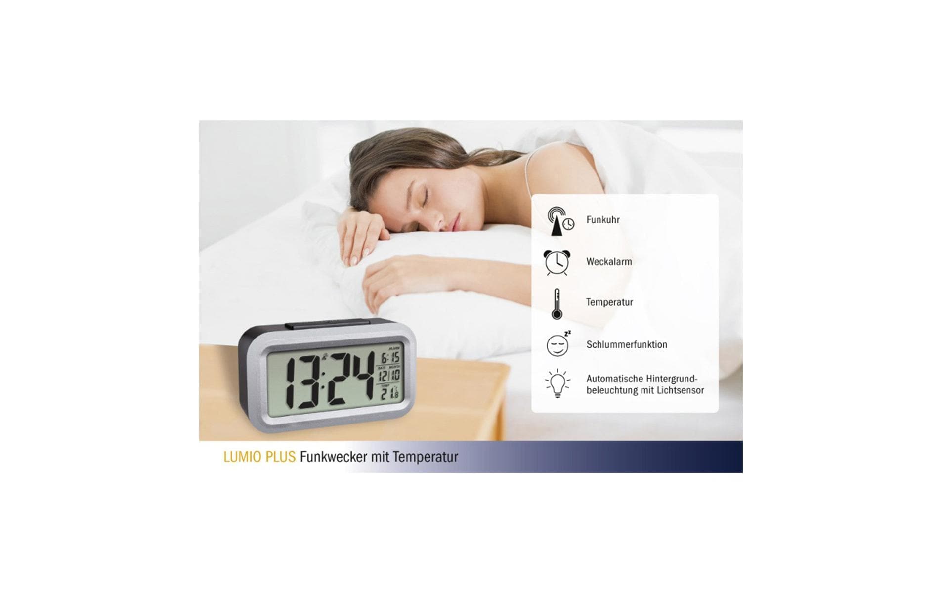 TFA-Dostmann TFA Dostmann LUMIO PLUS – Digitalwecker, Funk, Thermometer, 13,8 × 7,9 × 4,8 cm, Silber, Kunststoff