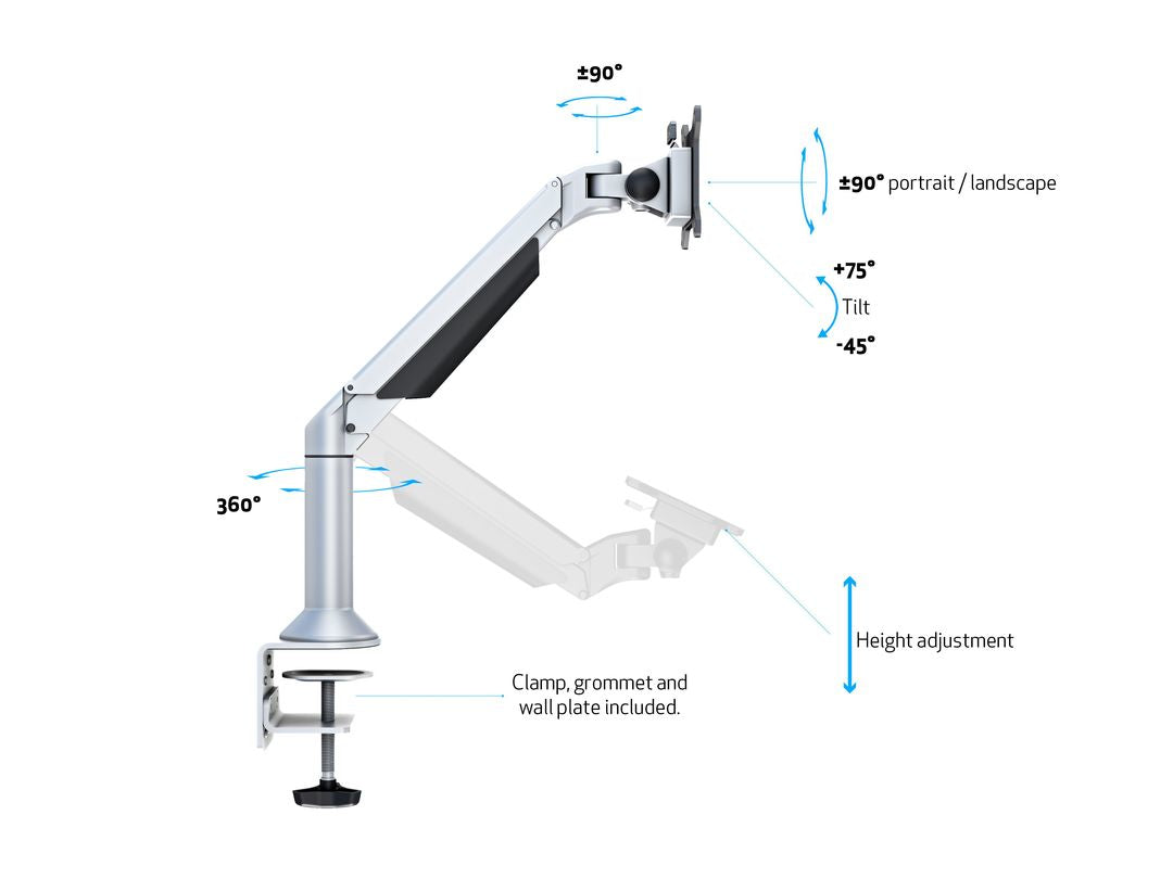 Multibrackets MB Gasgelenk 9376 – Monitorarm, bis 32", VESA 100 × 100 mm, 10 kg, drehbar, silber