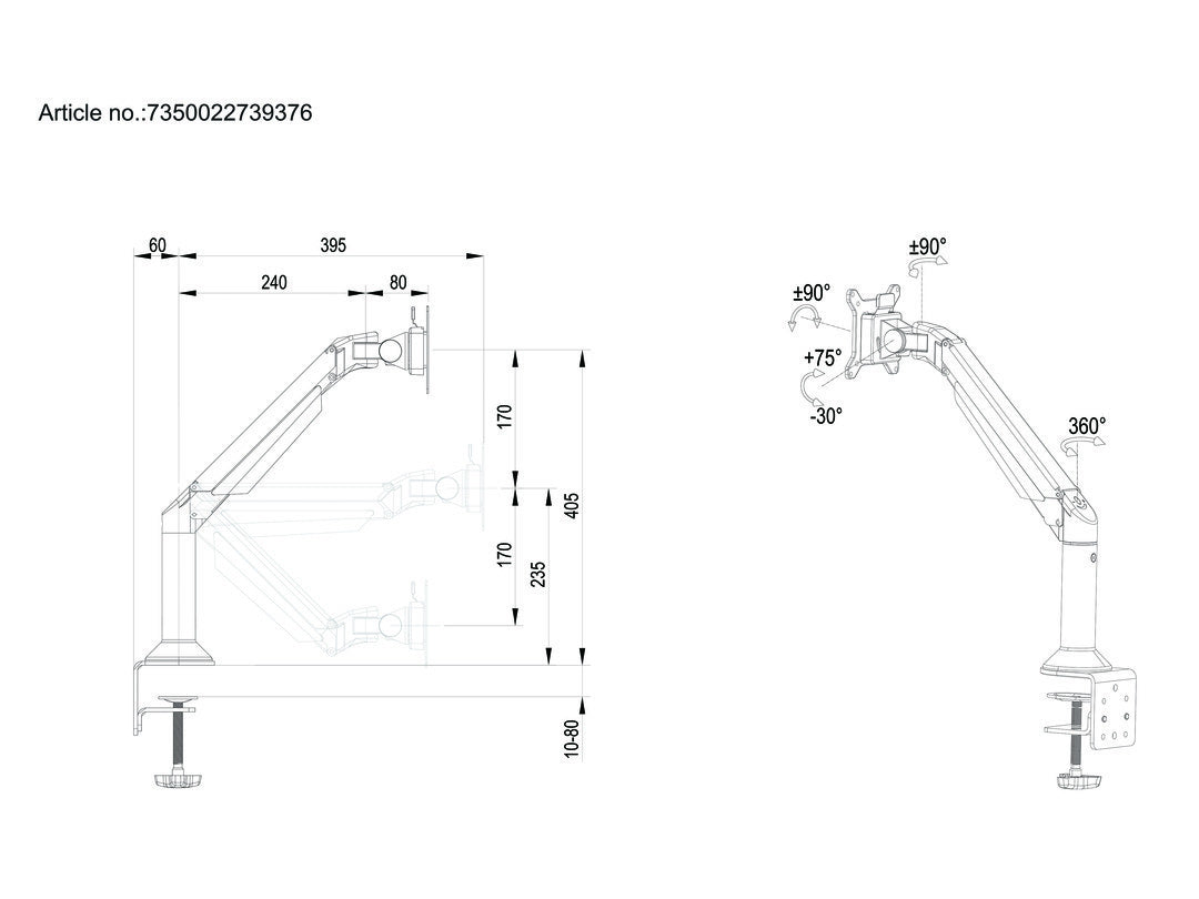 Multibrackets MB Gasgelenk 9376 – Monitorarm, bis 32", VESA 100 × 100 mm, 10 kg, drehbar, silber