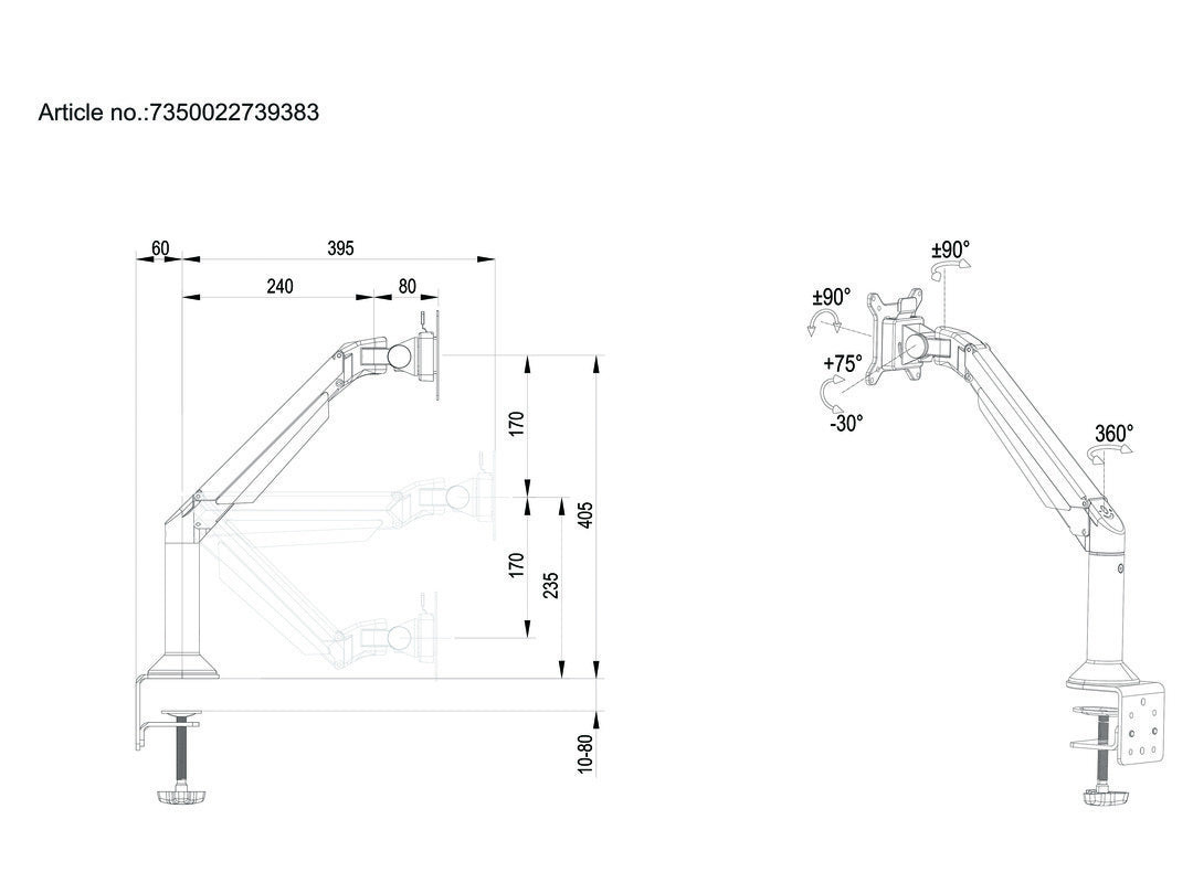 Multibrackets 9383 – Monitorarm Tischhalterung – Klemme/Durchführung – 1 Monitor – 15–32"