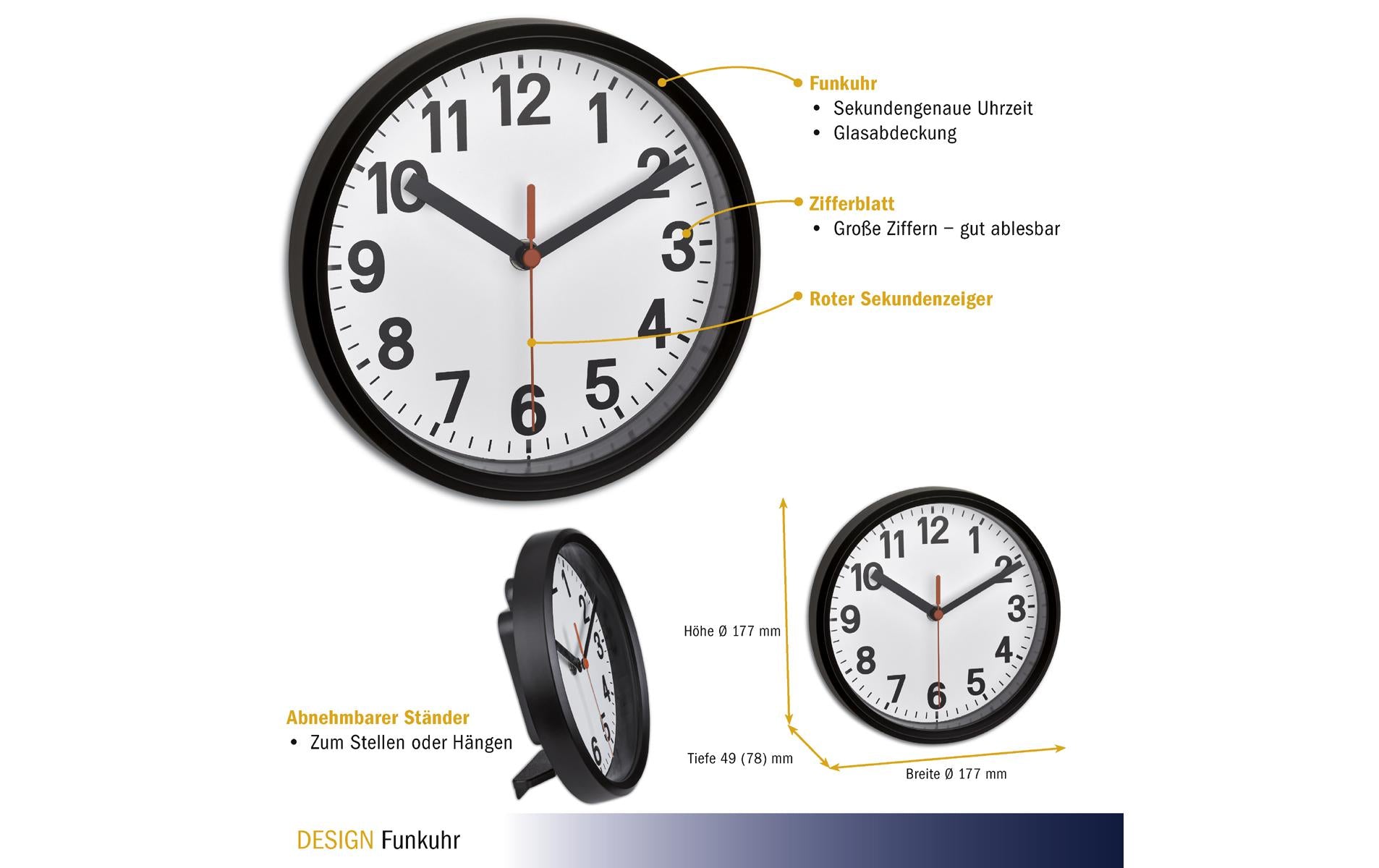 TFA-Dostmann TFA Dostmann Wanduhr – Funk, analog, Ø 17,7 cm, schwarz/weiß, Glas