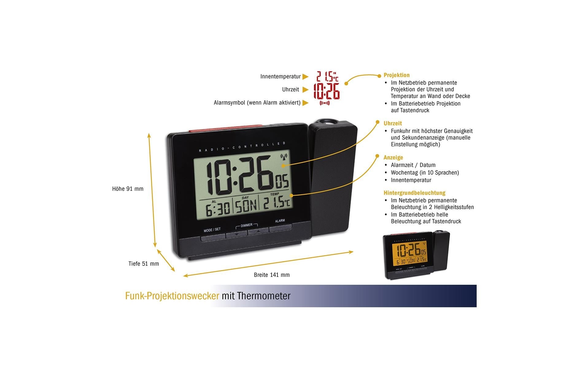 TFA-Dostmann TFA Dostmann 60.5016.01 Projektionswecker – Funk, Thermometer, 14,1 × 9,1 × 5,1 cm, Schwarz