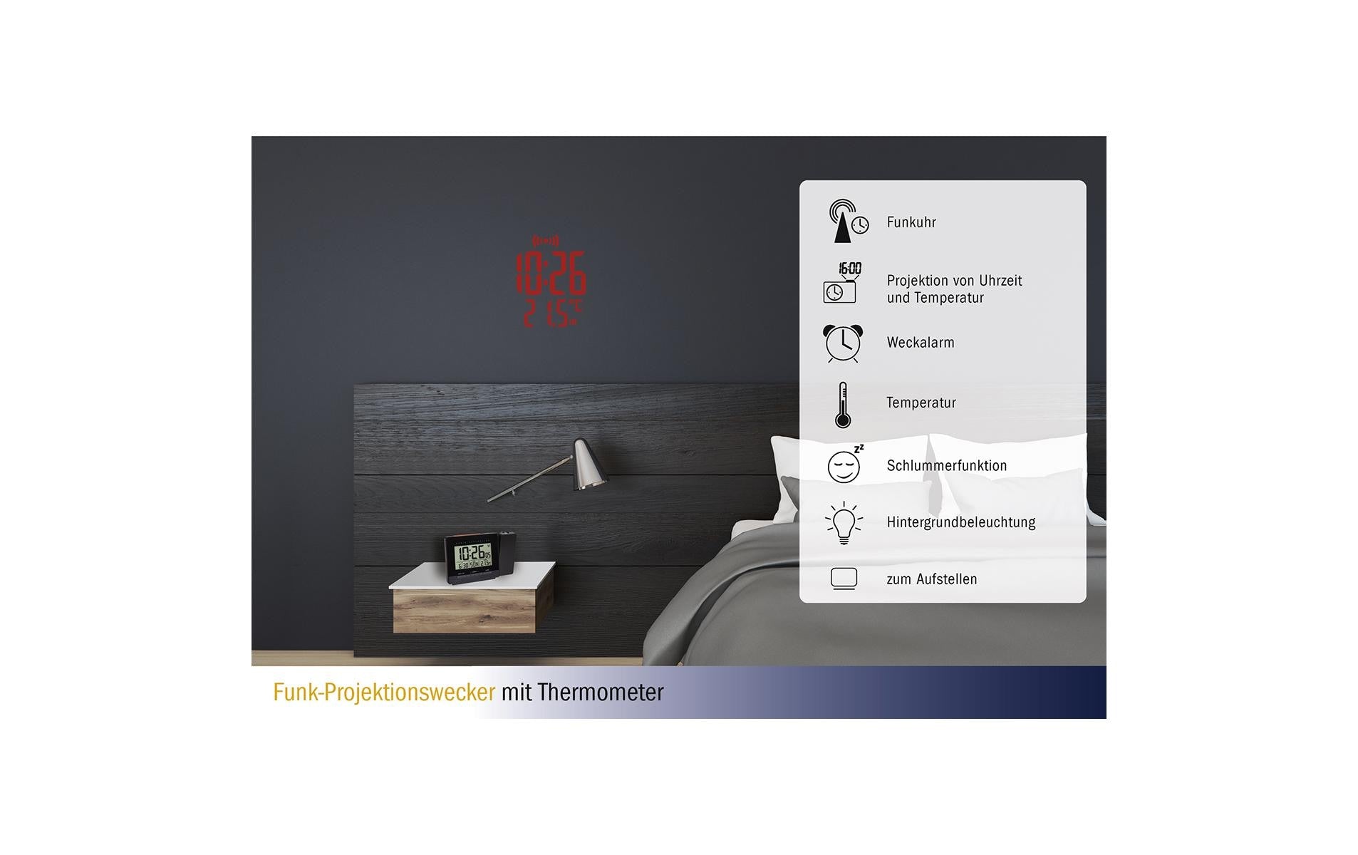 TFA-Dostmann TFA Dostmann 60.5016.01 Projektionswecker – Funk, Thermometer, 14,1 × 9,1 × 5,1 cm, Schwarz