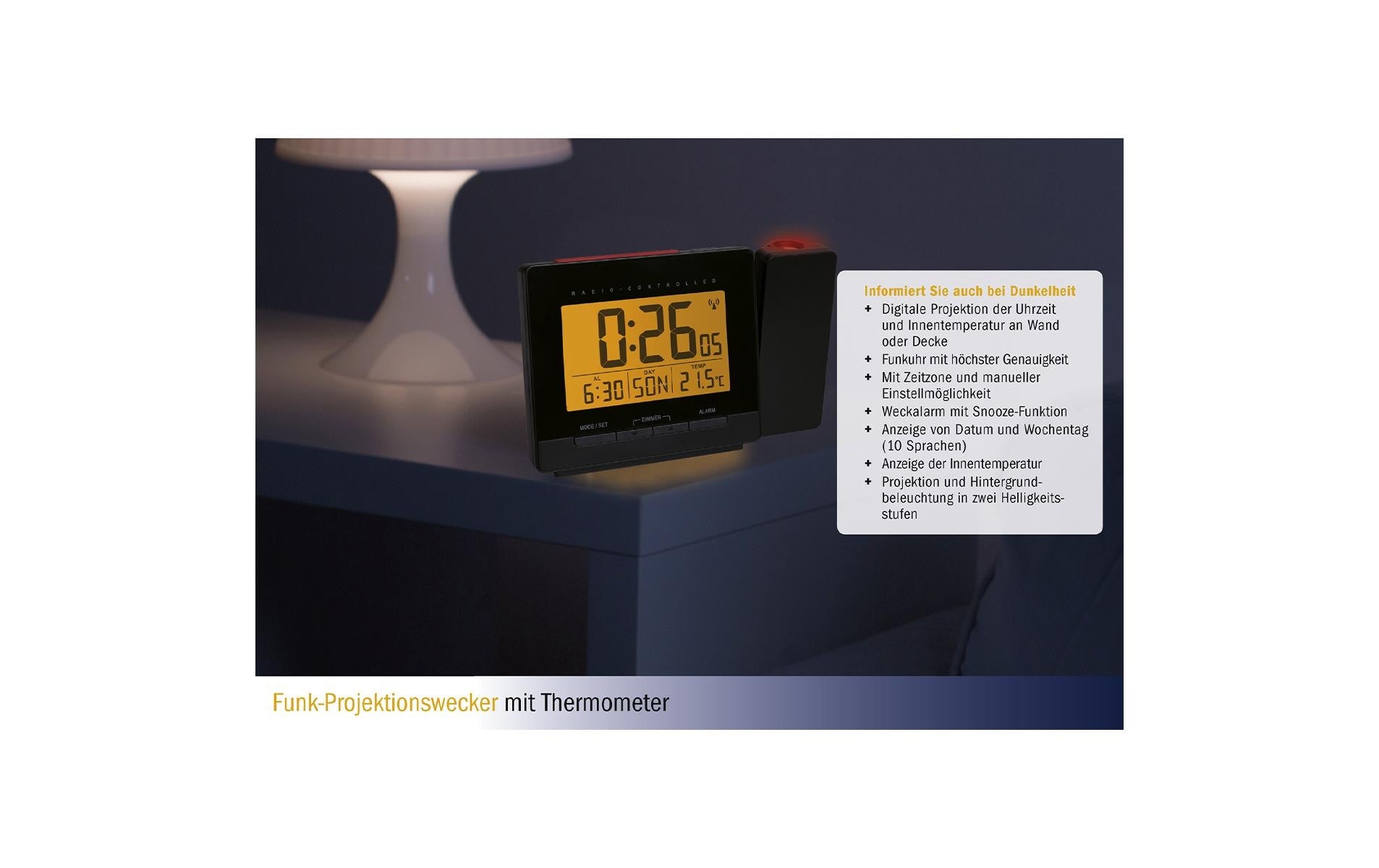 TFA-Dostmann TFA Dostmann 60.5016.01 Projektionswecker – Funk, Thermometer, 14,1 × 9,1 × 5,1 cm, Schwarz