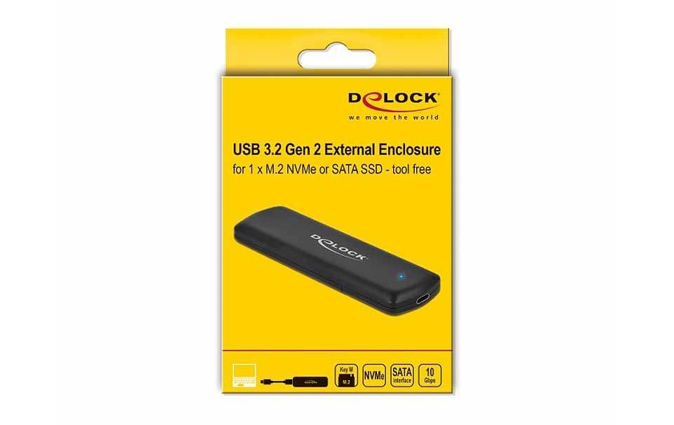 DeLOCK 1-Bay SSD-Gehäuse – USB 3.2 Gen 2 (10 Gbit/s), USB-C, für M.2 NVMe/SATA (Key M)