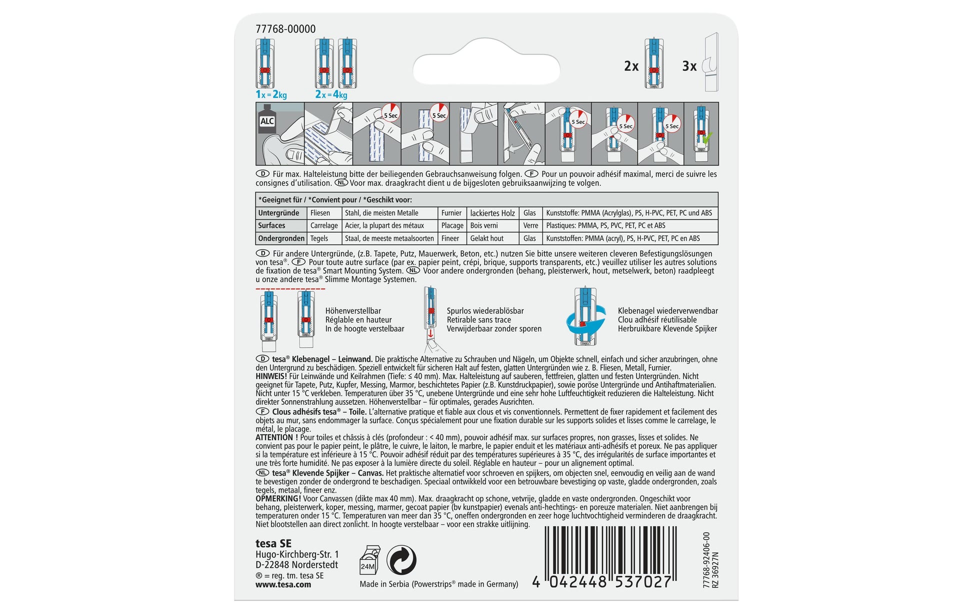 TESA Haken – Kunststoff/Metall – Blau/Weiss (2 kg) – 2 Stück