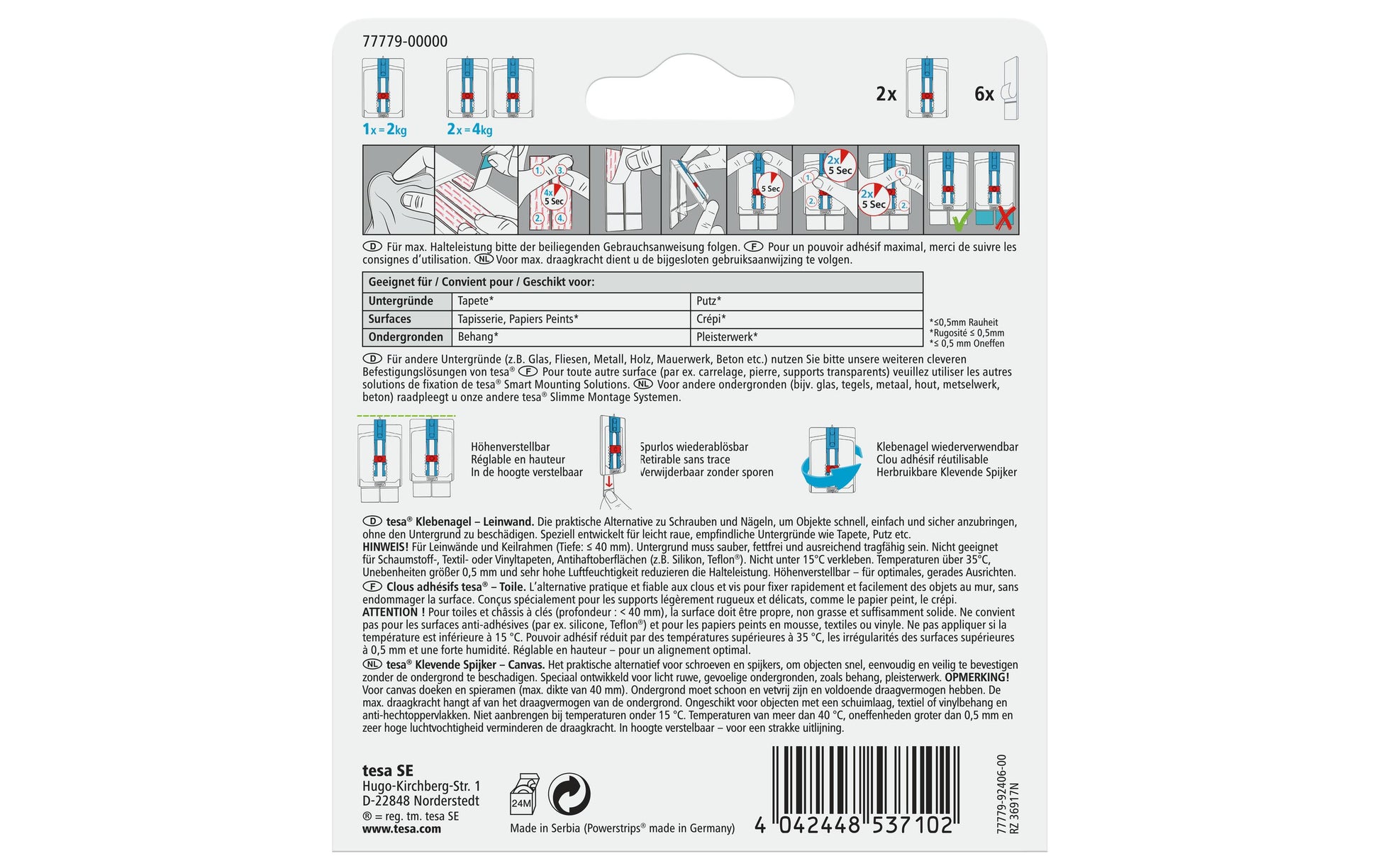 TESA Haken – transparent – 2 kg – 2 Stück