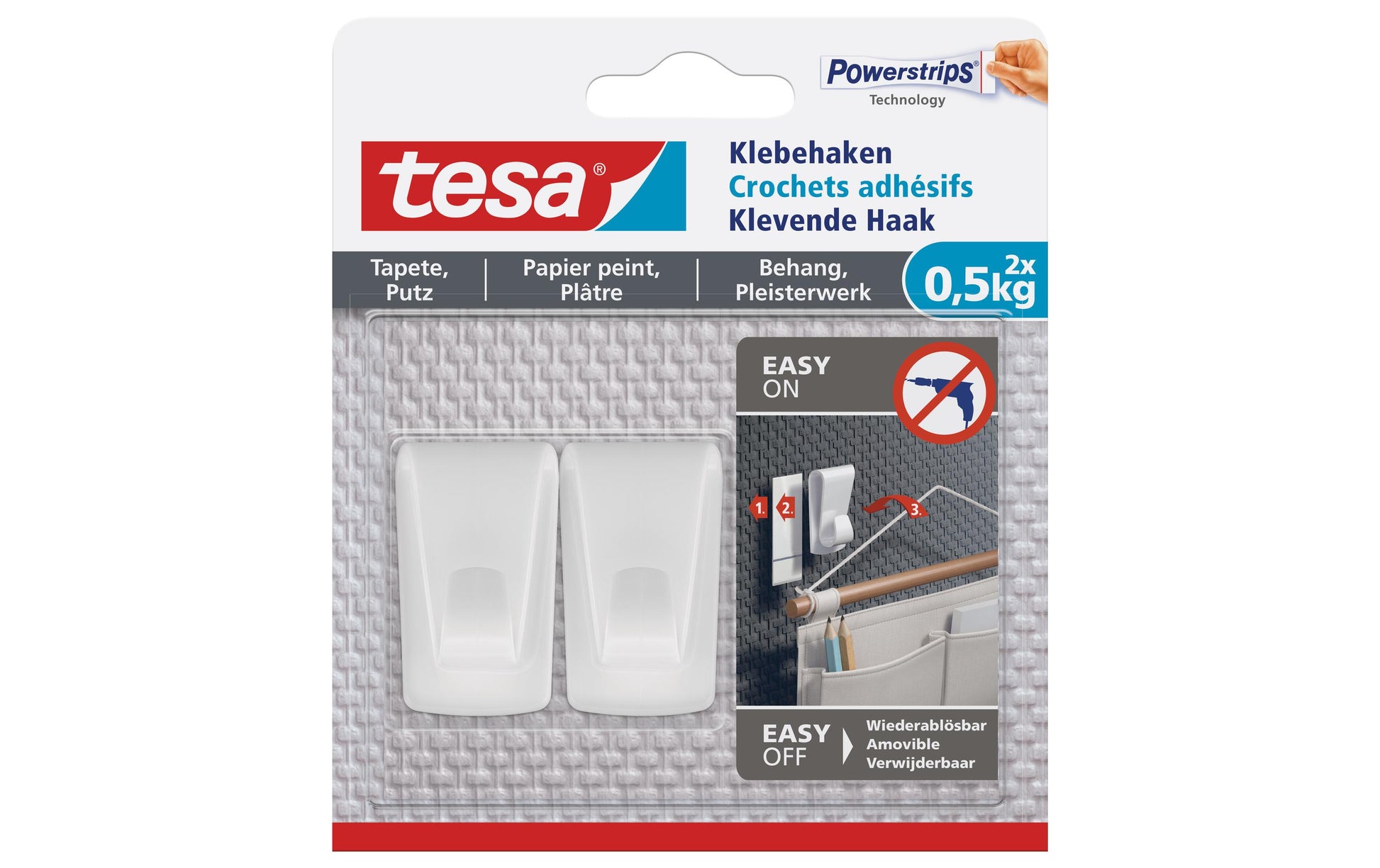 TESA Haken – weiss – selbstklebend – für Tapete und Putz – 0,5 kg – 2 Stück