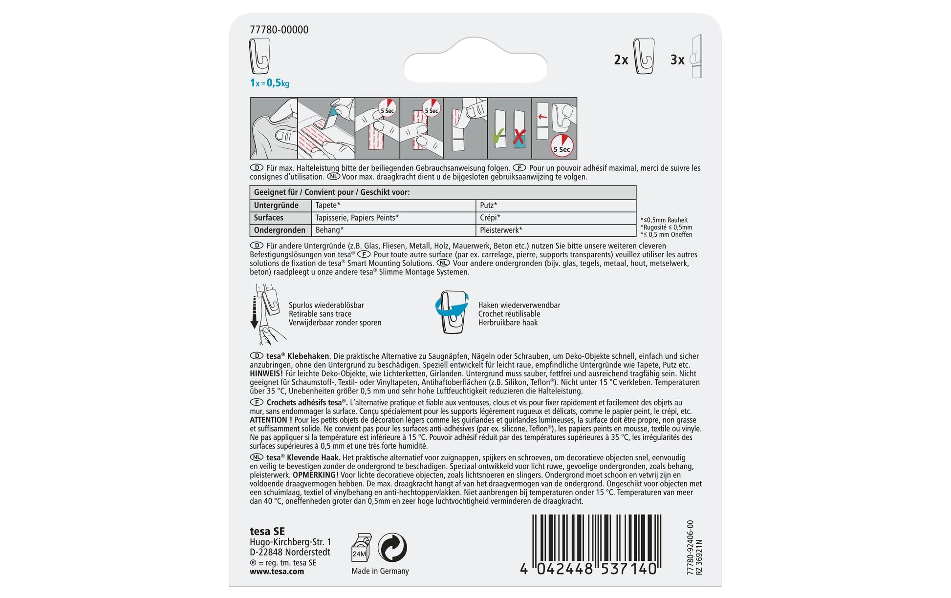 TESA Haken – weiss – selbstklebend – für Tapete und Putz – 0,5 kg – 2 Stück
