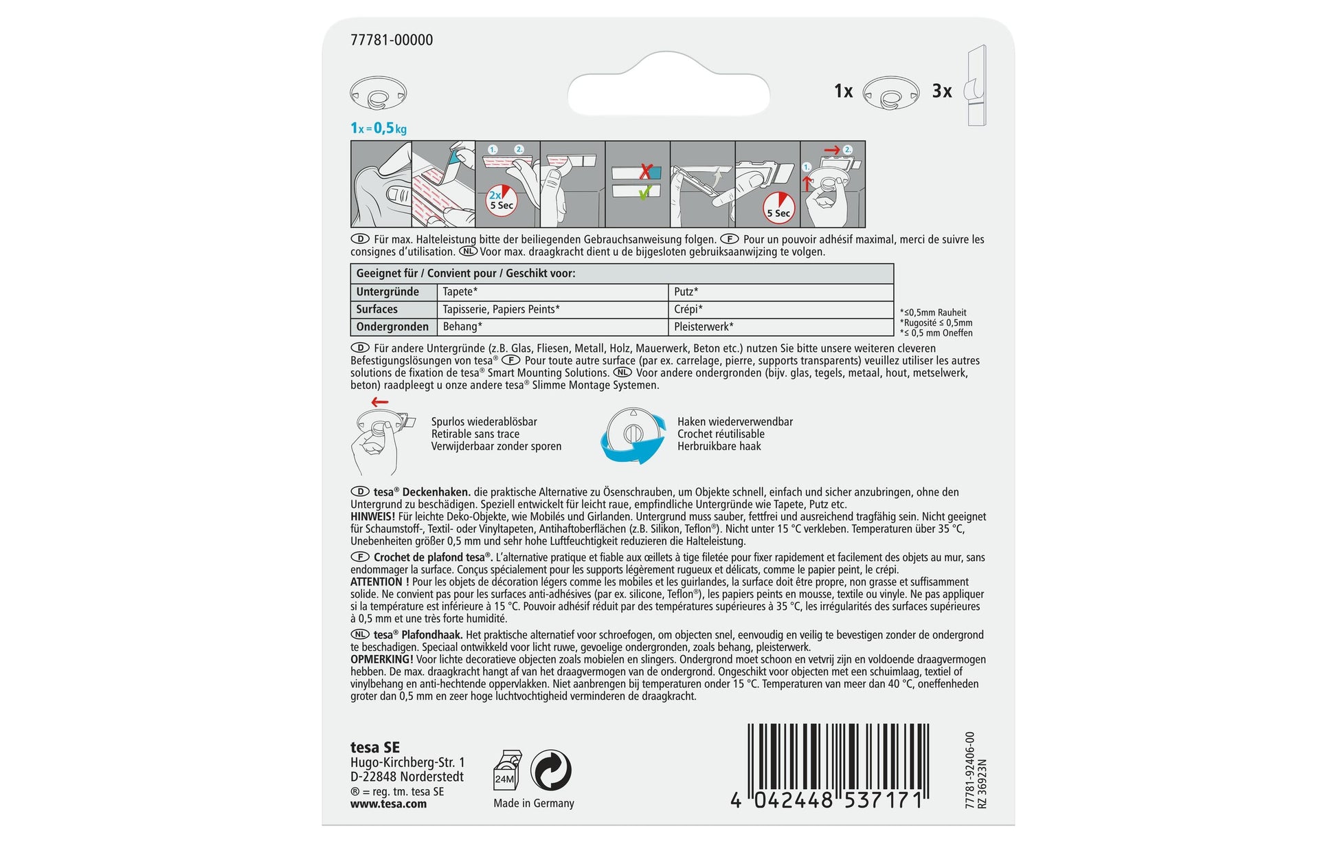 TESA Deckenhaken – Kunststoff, weiss, 12 × 14 × 2,9 cm – 1er-Pack