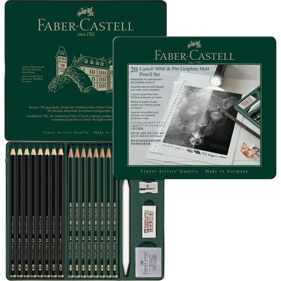 Faber-Castell Pitt Graphite Matt & Castell 9000 Graphit-Set, 14B–B, Metalletui – 20-teilig