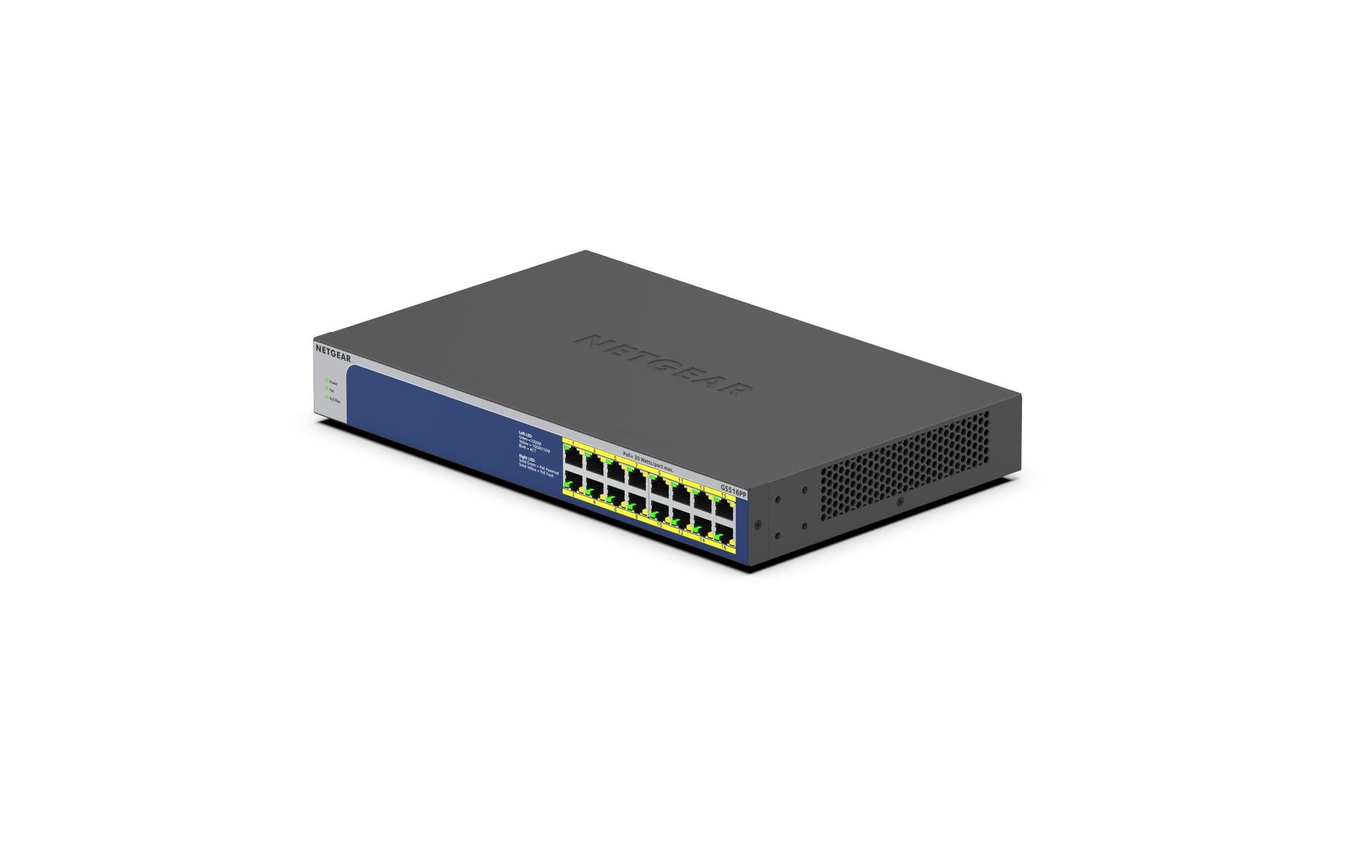 NETGEAR GS516PP – Unmanaged Switch – 16× 1G, PoE+, PoE-Budget 260 W, 19"