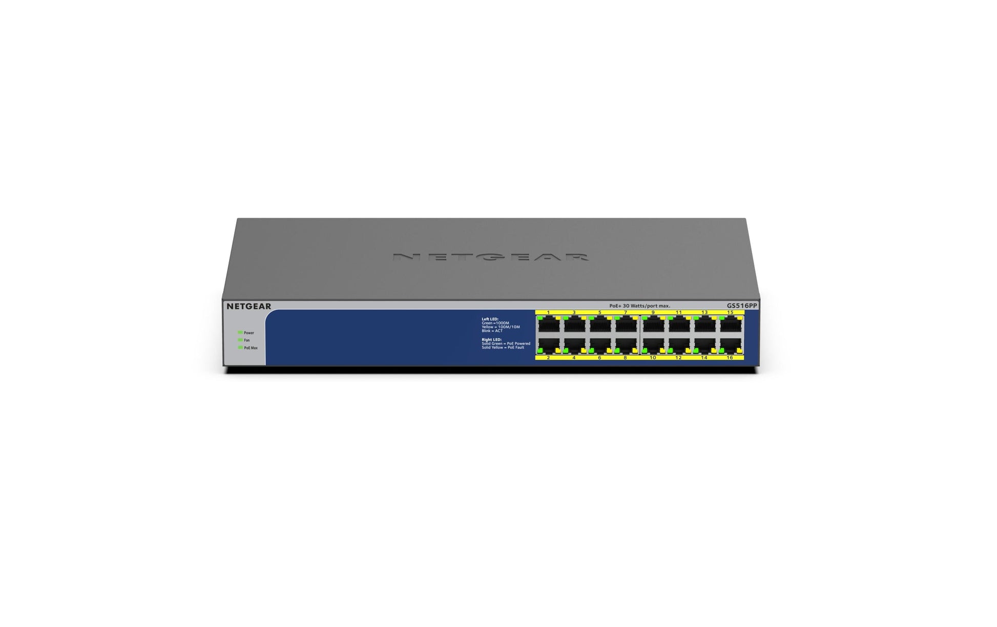 NETGEAR GS516PP – Unmanaged Switch – 16× 1G, PoE+, PoE-Budget 260 W, 19"