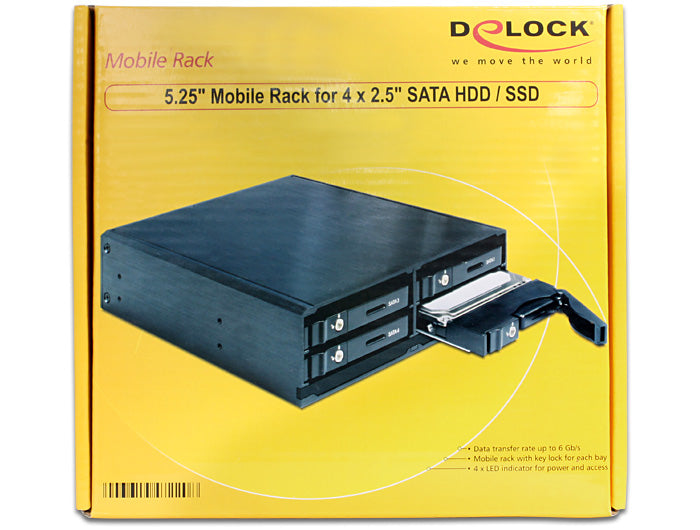 DeLOCK 47220 HDD-Einbausatz – 4× 2,5" HDD in 5,25" Einschub, 6 Gbit/s, Hot-Swap, abschliessbar, Schwarz