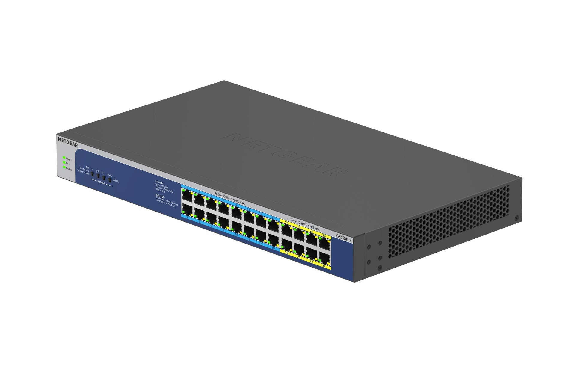 NETGEAR GS524UP – Unmanaged Switch – 24× 1G, PoE+, PoE-Budget 480 W, Rack-Einbau