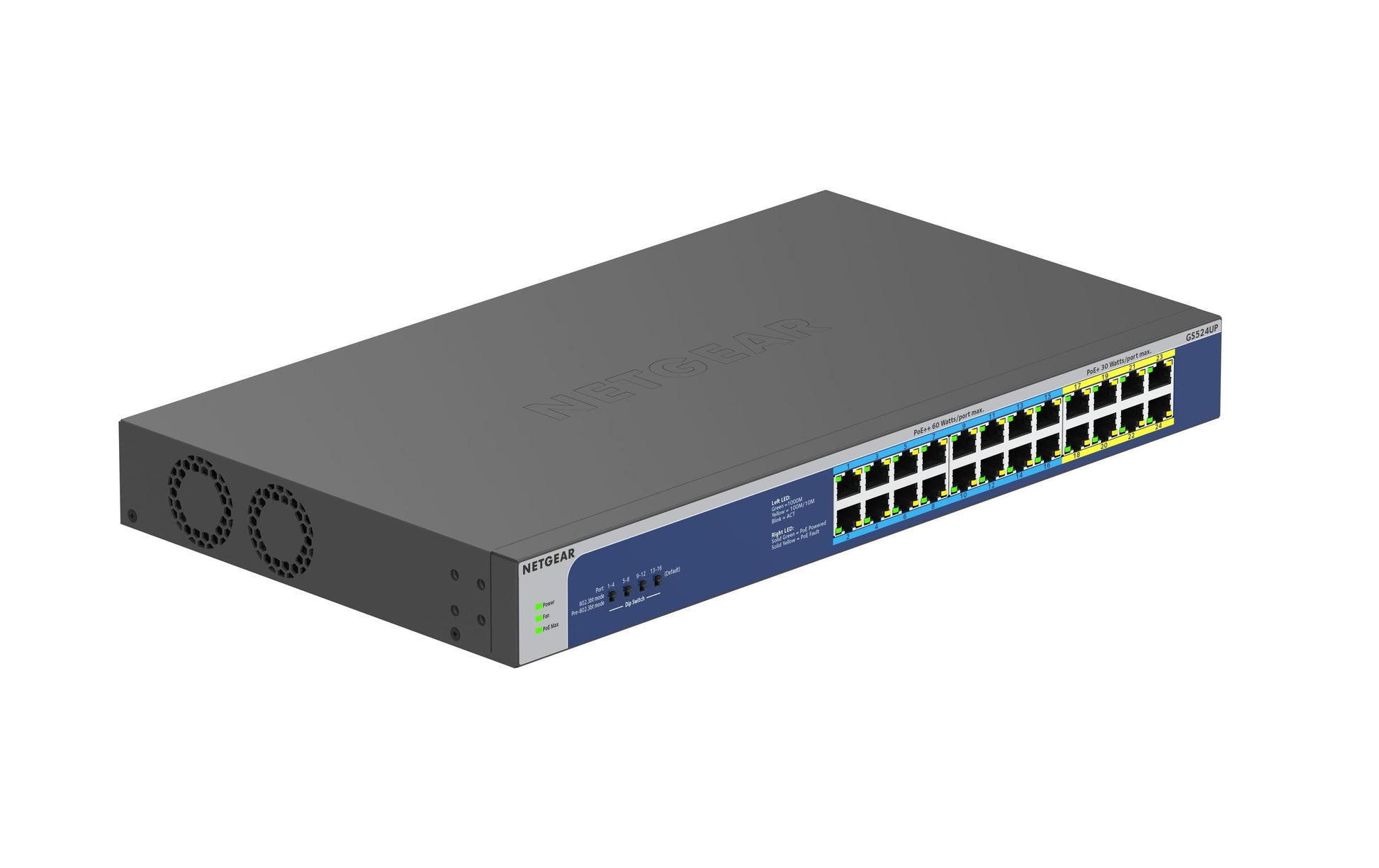 NETGEAR GS524UP – Unmanaged Switch – 24× 1G, PoE+, PoE-Budget 480 W, Rack-Einbau