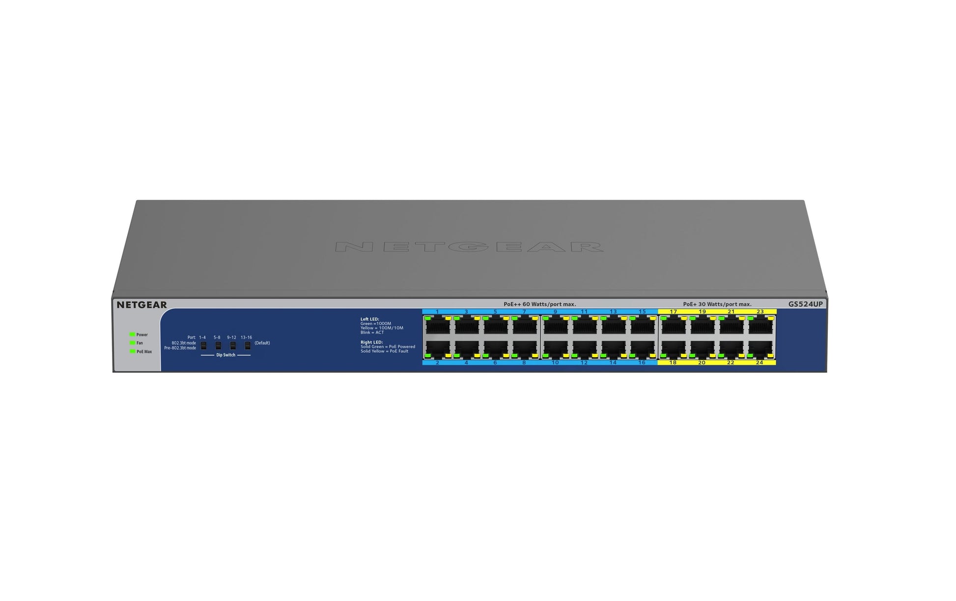 NETGEAR GS524UP – Unmanaged Switch – 24× 1G, PoE+, PoE-Budget 480 W, Rack-Einbau