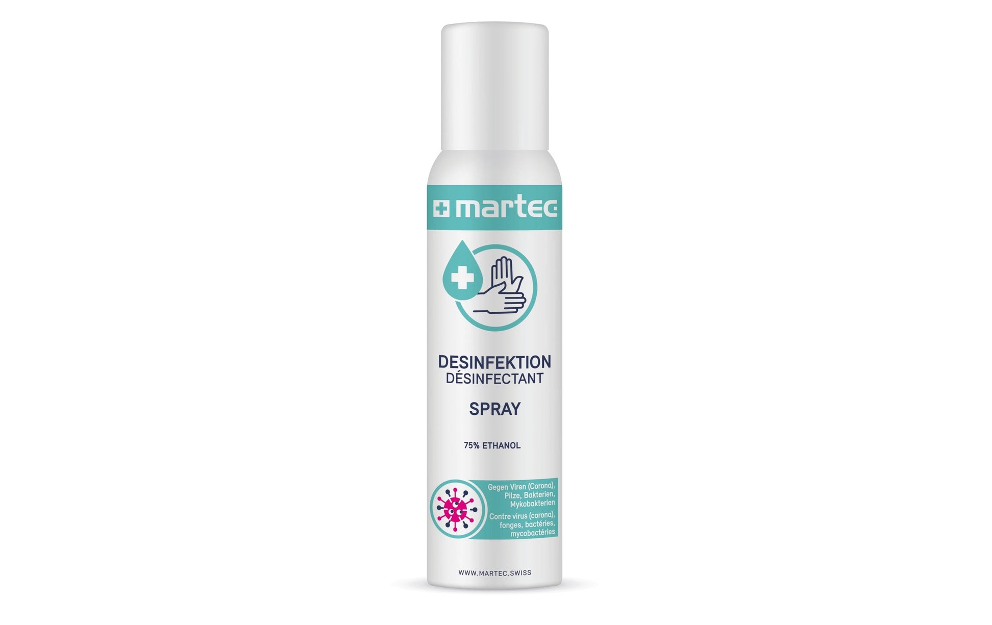 MARTEC Händedesinfektionsmittel – Kunststoff, Weiss, 38 × 172 × 38 mm, 100 ml, Spray, Hautverträglich