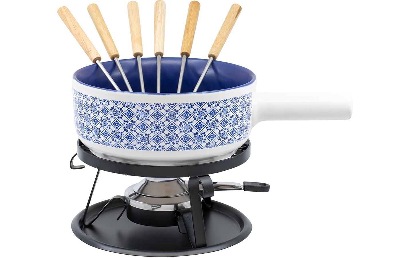 Kadastar Fondue-Set – Ø 22 cm, Keramik, für Käsefondue, Elektro, Blau/Weiss, 6 Personen, 9 Teile