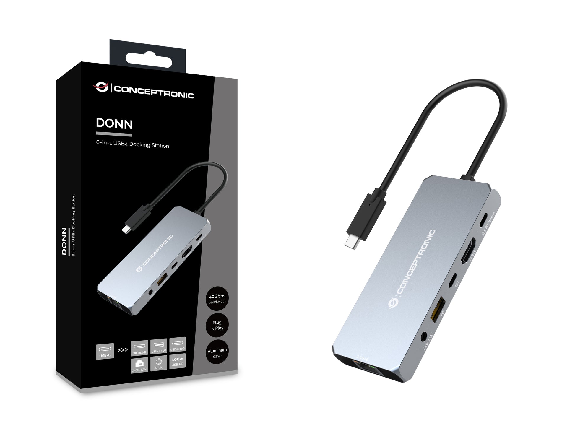 Conceptronic DONN22G Dockingstation – USB-C, 1× HDMI, 1× USB-A, 2× USB-C, 100 W PD, 2.5GbE