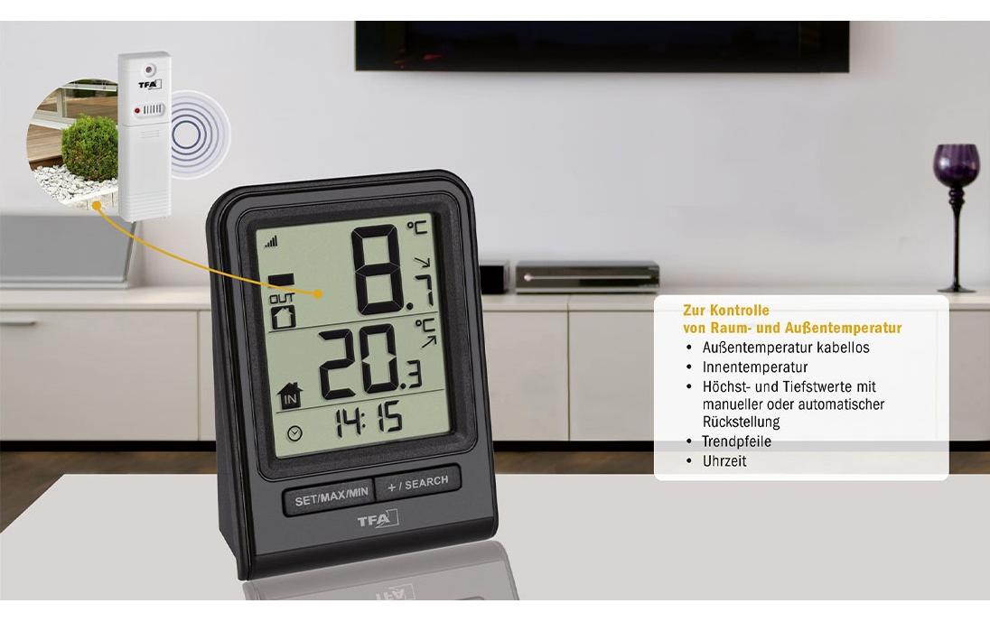 TFA-Dostmann TFA Dostmann PRISMA – Thermometer, innen/aussen, Uhrfunktion – schwarz