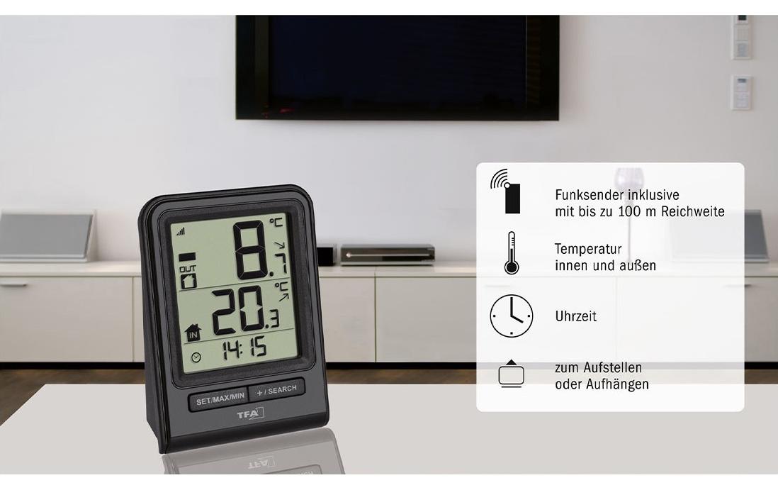 TFA-Dostmann TFA Dostmann PRISMA – Thermometer, innen/aussen, Uhrfunktion – schwarz