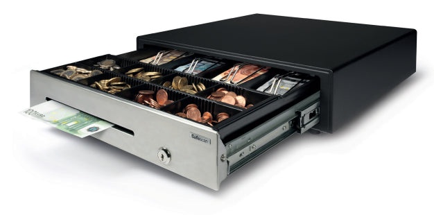Safescan HD-4141S Heavy Duty – Kassenschublade, 4 Scheine/8 Münzen, 410 × 415 × 115 mm, Schwarz/Edelstahl