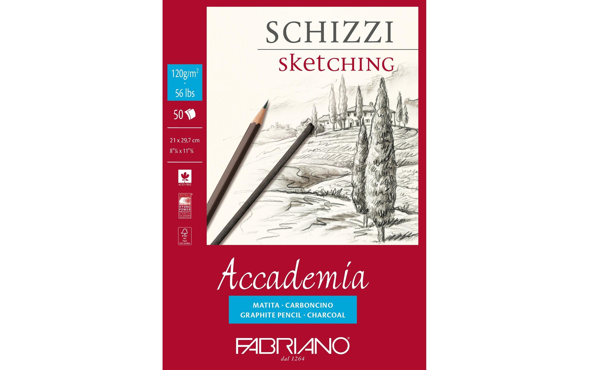 Fabriano Accademia Sketch Zeichenblock – A4, 120 g/m², weiss, strukturiert, 50 Blatt – FSC