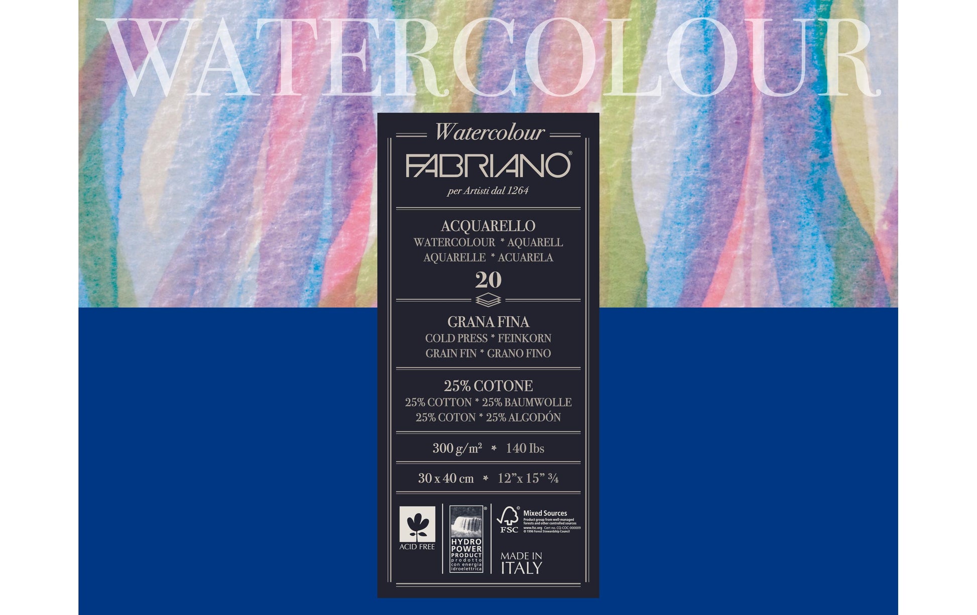 Fabriano Aquarellblock – 30 × 40 cm – 300 g/m² – 20 Blatt, weiss, kaltgepresst