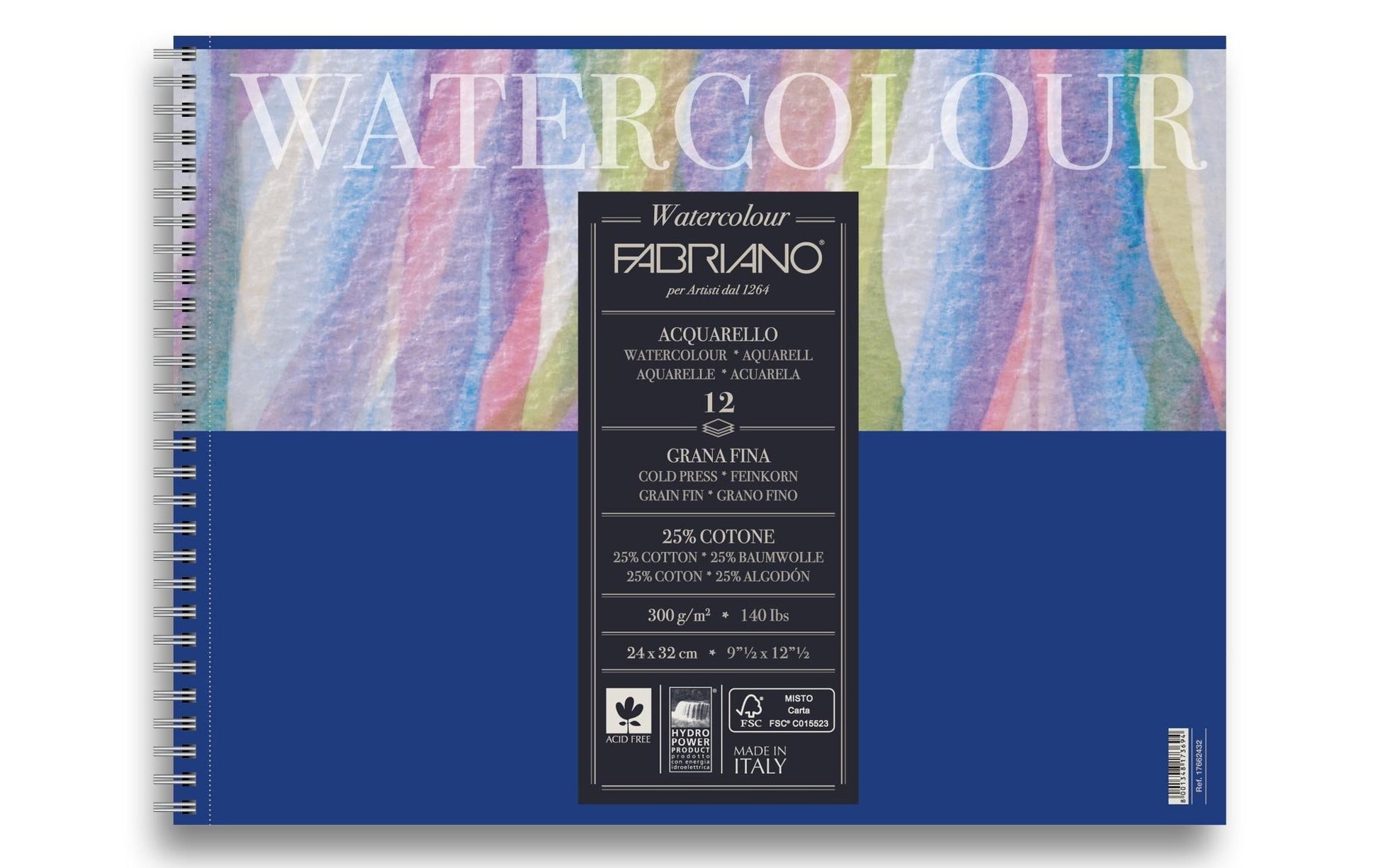 Fabriano Aquarellblock – 24 × 32 cm – 300 g/m² – Spiralbindung – 12 Blatt, Weiss, Kaltgepresst