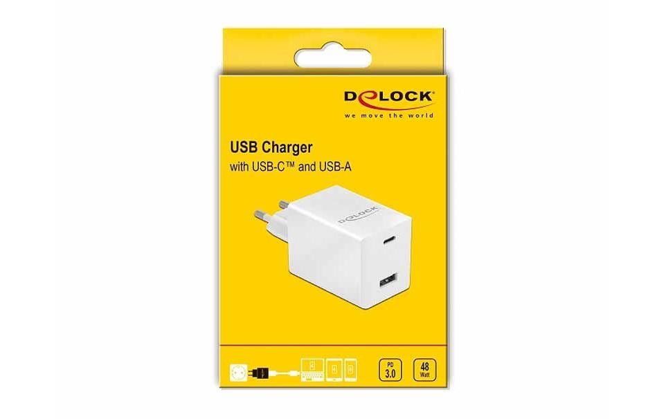 DeLOCK USB-Ladegerät 48 W – USB-C×1, USB-A×1 – PD 3.0, GaN, EU-Stecker (Typ C)