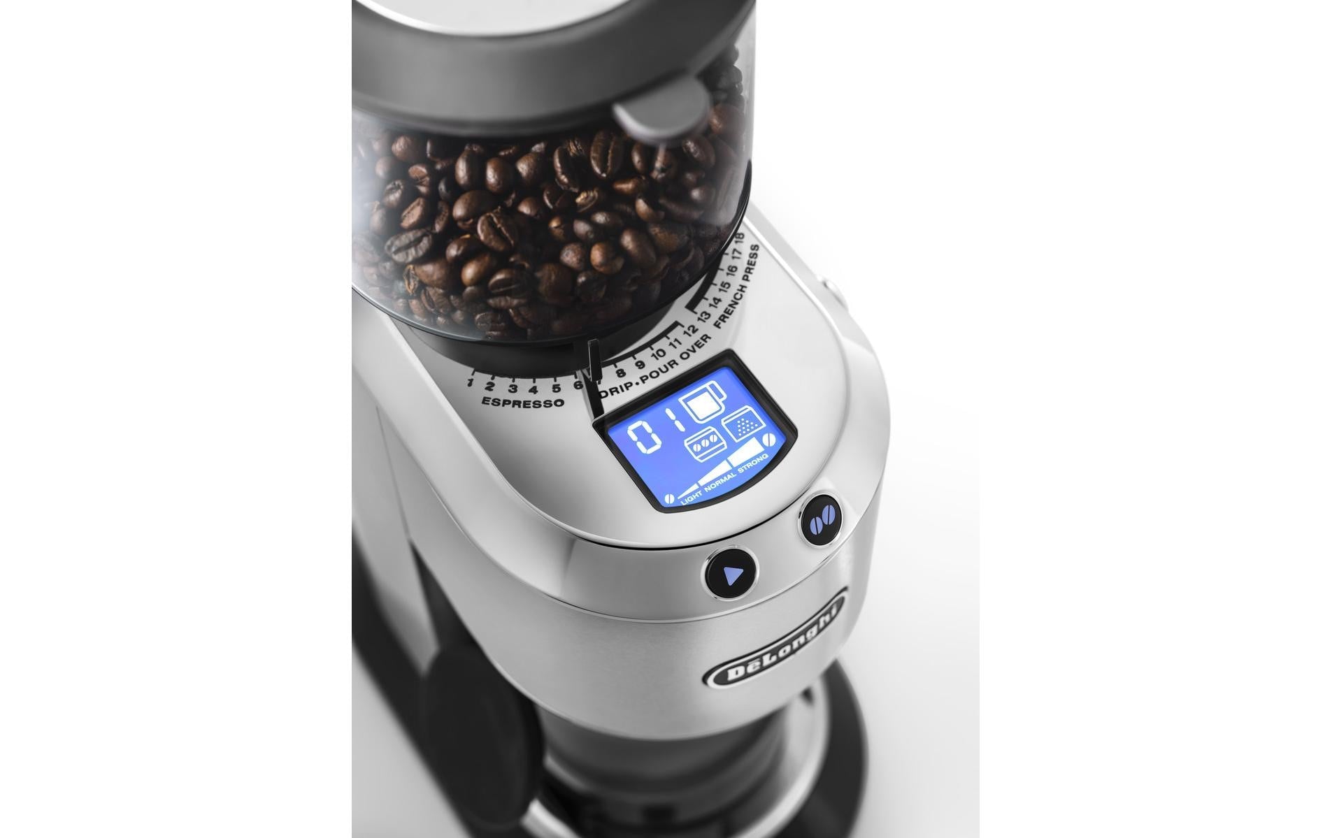 De’Longhi De'Longhi Kaffeemühle Dedica KG521.M – Kegelmahlwerk, 350 g, 150 W, LCD-Display, Silber