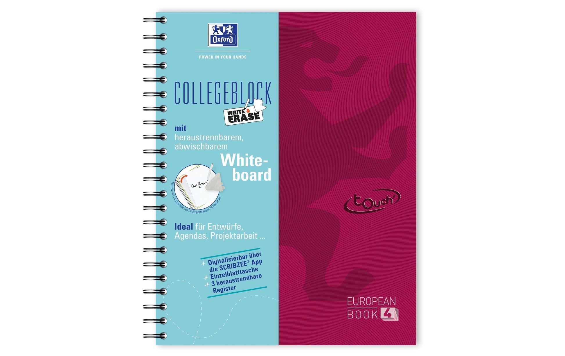 Oxford Collegeblock, Spiralbindung, 120 Blatt, 4-fach gelocht, perforiert, 90 g/m² – Beere, für SCRIBZEE App