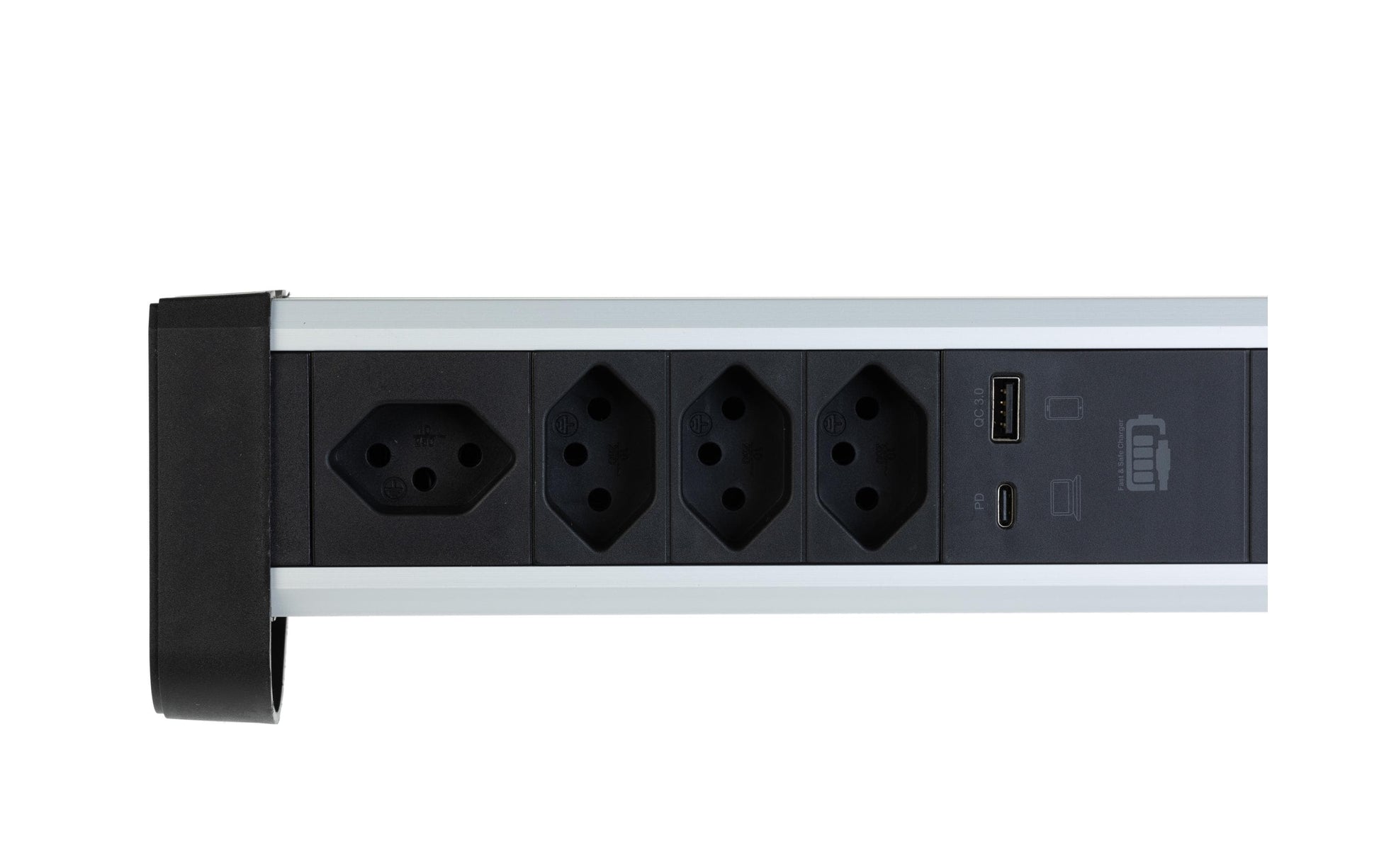M. Schönenberger Schönenberger Alu-Office-Line Tischsteckdosenleiste, 4×T13, 2×USB, 2 m, Überlastschutz, mit Schalter – Silber