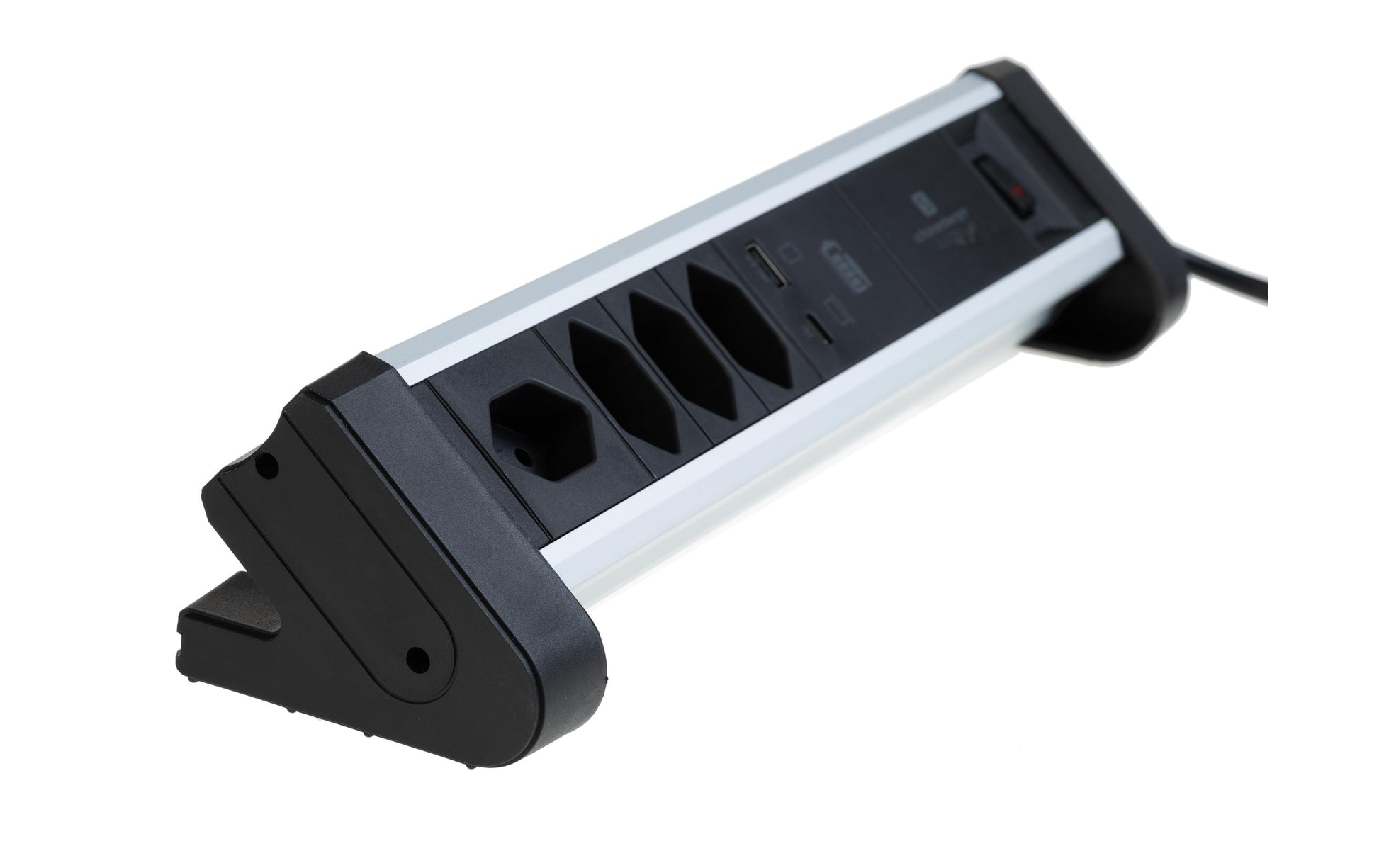 M. Schönenberger Schönenberger Alu-Office-Line Tischsteckdosenleiste, 4×T13, 2×USB, 2 m, Überlastschutz, mit Schalter – Silber