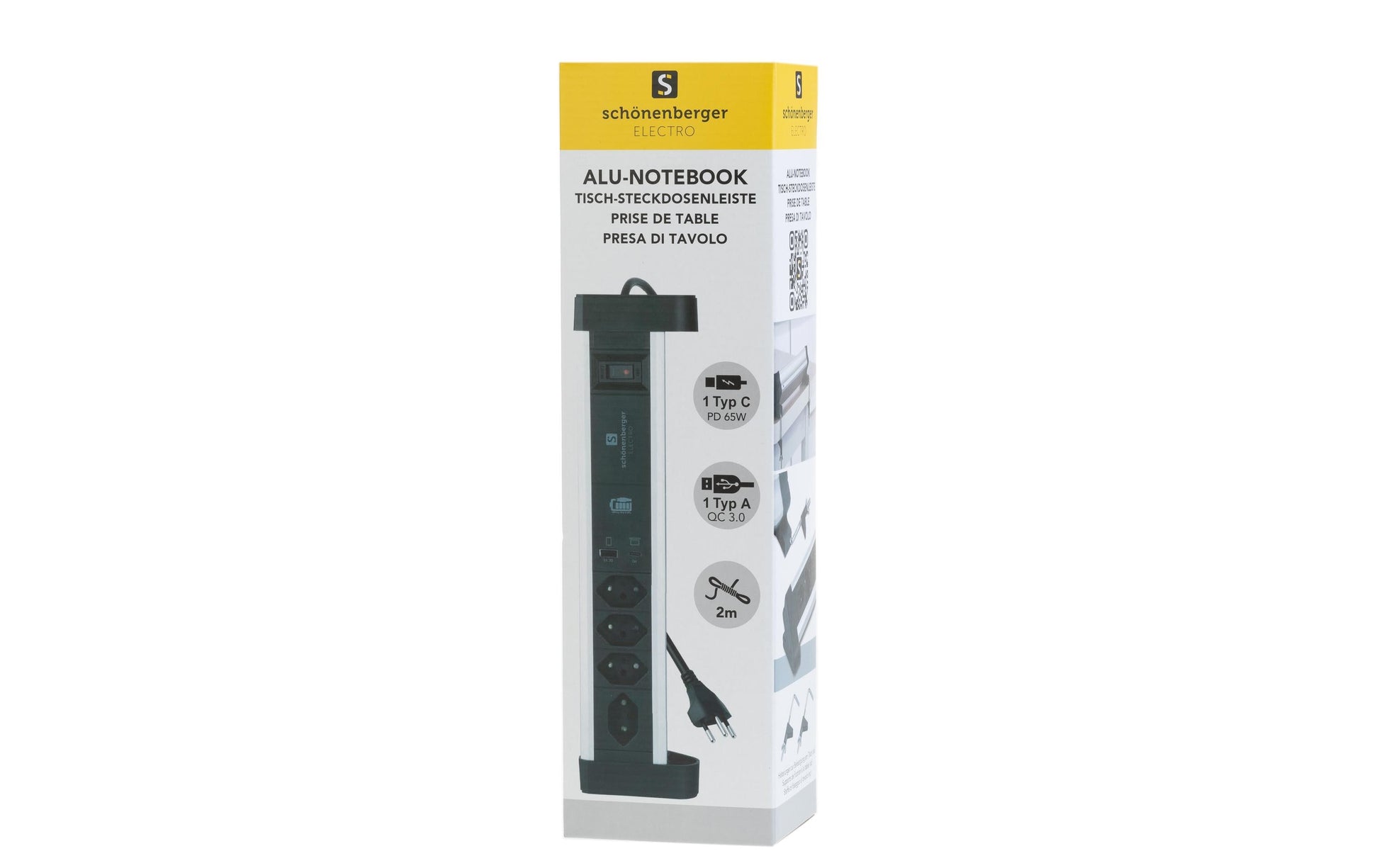 M. Schönenberger Schönenberger Alu-Office-Line Tischsteckdosenleiste, 4×T13, 2×USB, 2 m, Überlastschutz, mit Schalter – Silber