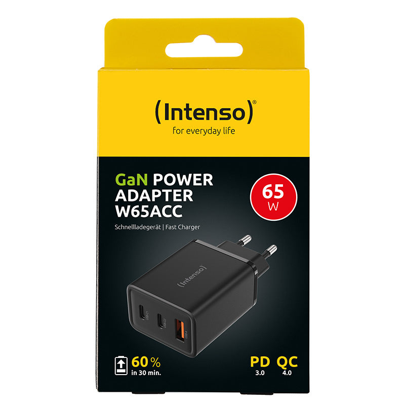 Intenso W65ACC USB-Wandladegerät 65 W – USB-C×2, USB-A×1 – GaN, Schwarz